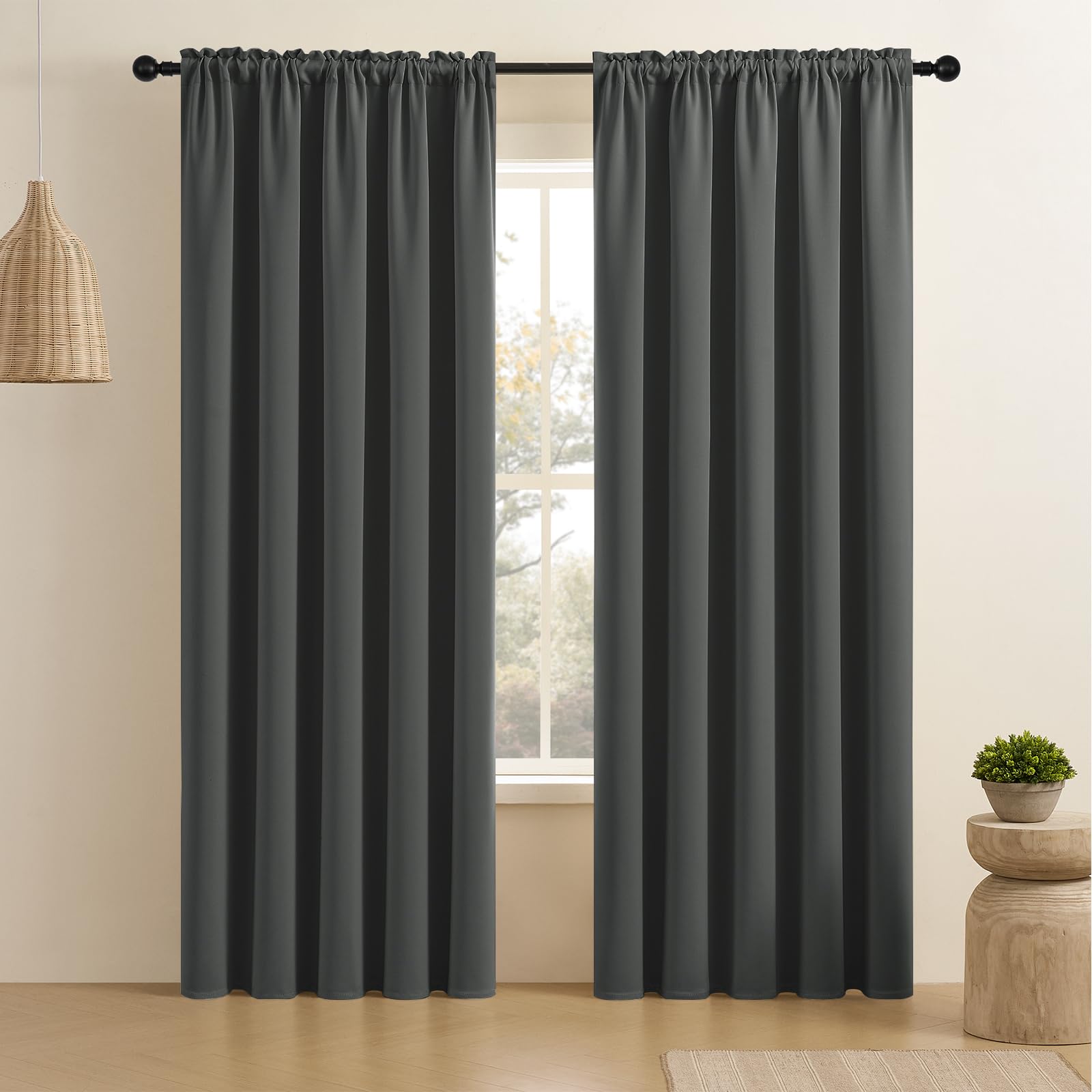 CUCRAF Dark Grey Blackout Curtains 96 inch Length 2 Panels Set, Rod Pocket Room Darkening Drapes for Bedroom Living Room, Insula