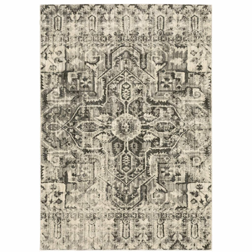 HomeRoots 508844 8 x 11 ft. Gray Ivory & Brown Oriental Power Loom Stain Resistant Rectangle Area Rug