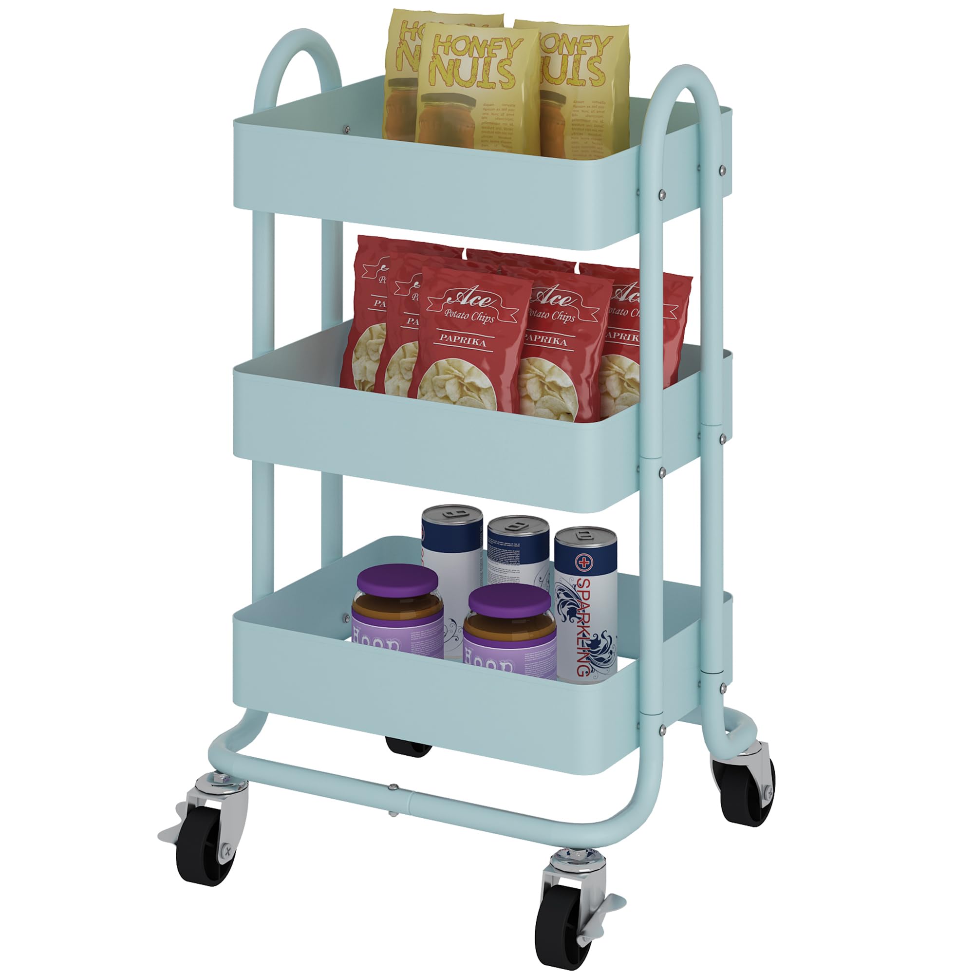 3-Tier Rolling Cart with Wheels,Kitchen Storage Carts or Metal Rolling Utility Cart with Handle,Movable Storage Organizer,Blue C