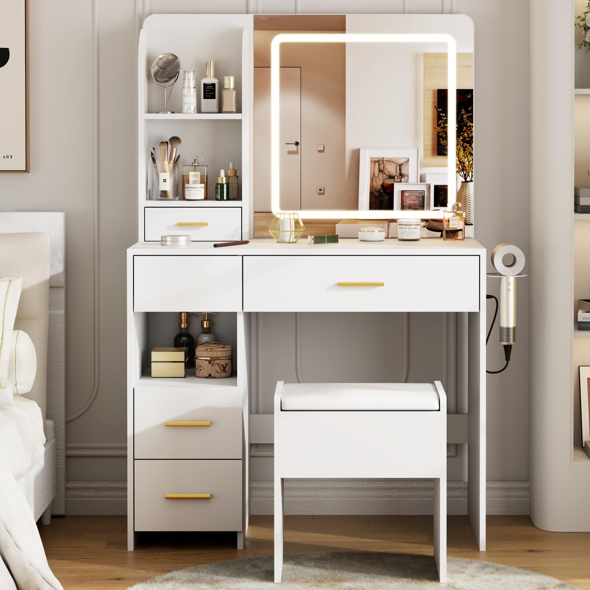 Otterease Vanity Desk with Mirror and Lights, 3 Lighting Colors and Power Outlet Makeup Vanity Desk with 5 Large Drawers and 3 S