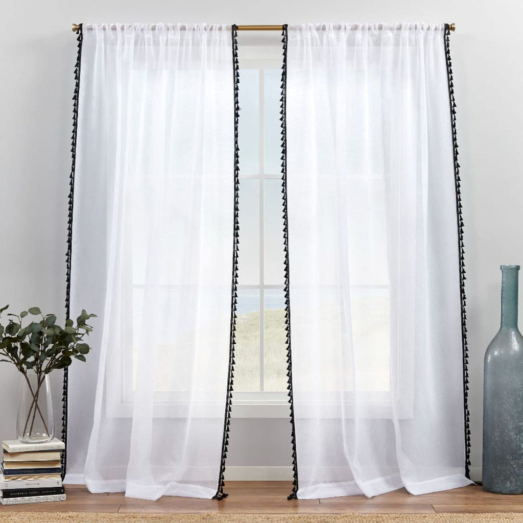 Exclusive Home Tassels Embellished Sheer Rod Pocket Curtain Panel Pair, 54''x84'', Black