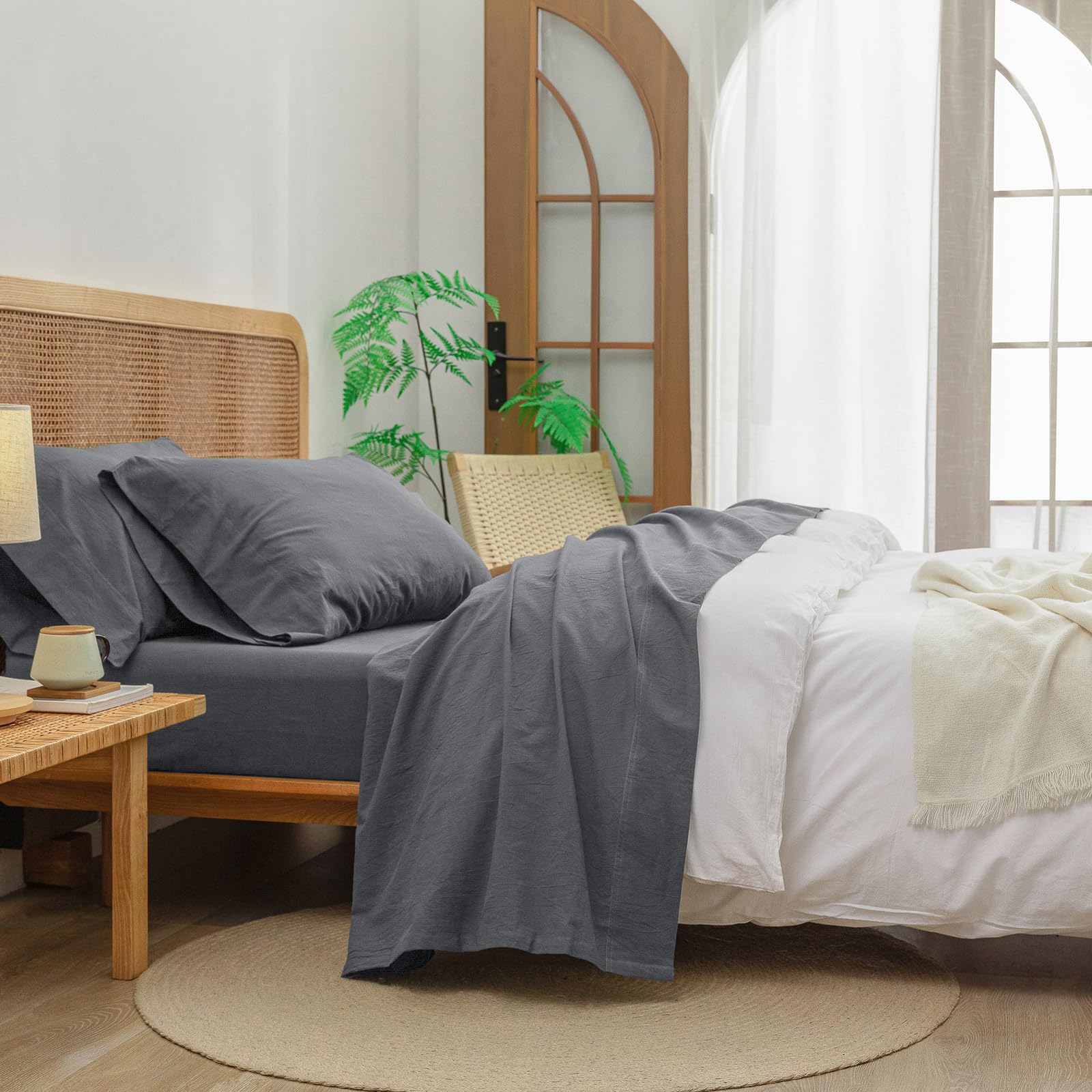 Bestouch Sheet Set 100% Washed Cotton Linen Feel Super Soft Comfortable Chic Lightweight 3 Pcs Home Bedding Set Solid Quiet Shad