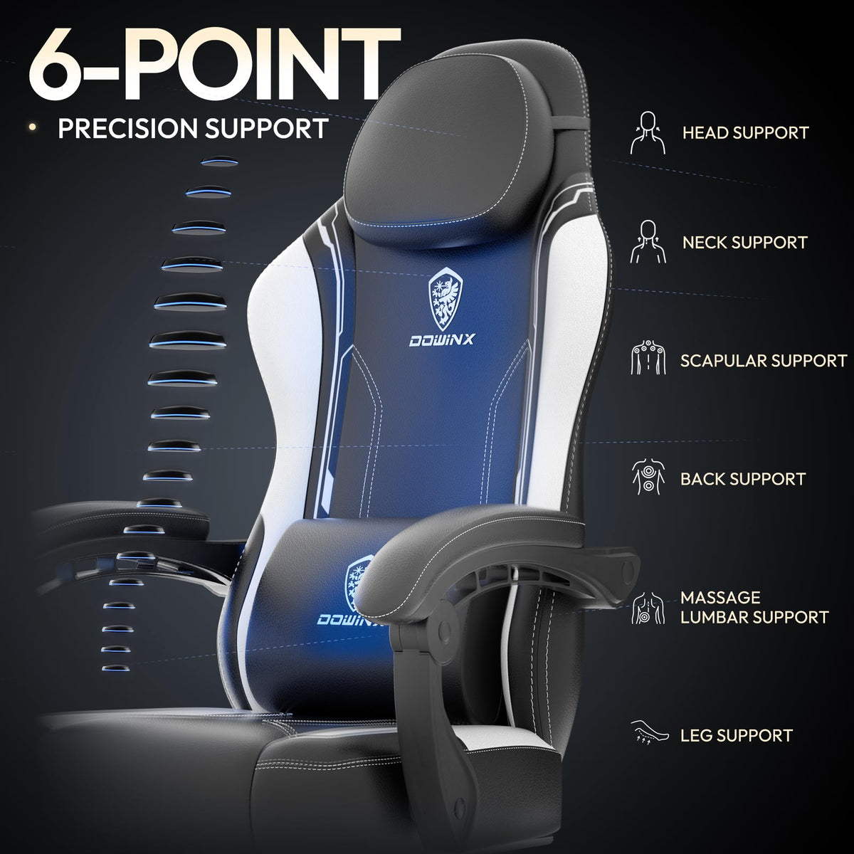 Dowinx Gaming Chair With Pocket Spring Cushion For Adults, Ergonomic Computer Chair With Footrest And Massage Lumbar Support, High Back Leather Game Chair For Office, Gaming, 300Lbs, White