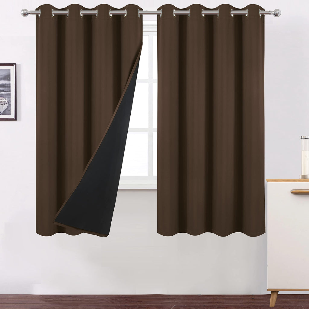 LEMOMO 100% Blackout Chocolate Brown Curtains with Black Lining/52 x 63 Inch/Set of 2 Panels Thermal Insulated Room Darkening Cu