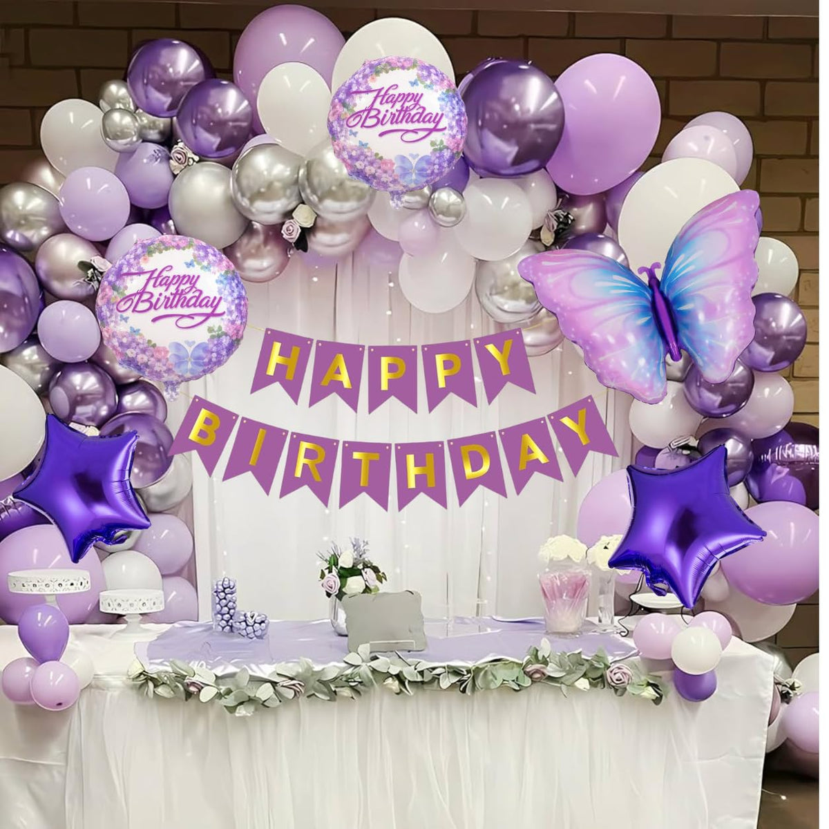 FI  FLICK IN 58 Pcs Beautiful Purple Butterfly Birthday Decoration Kit with Banner(Cardstock) & Foil Balloons.
