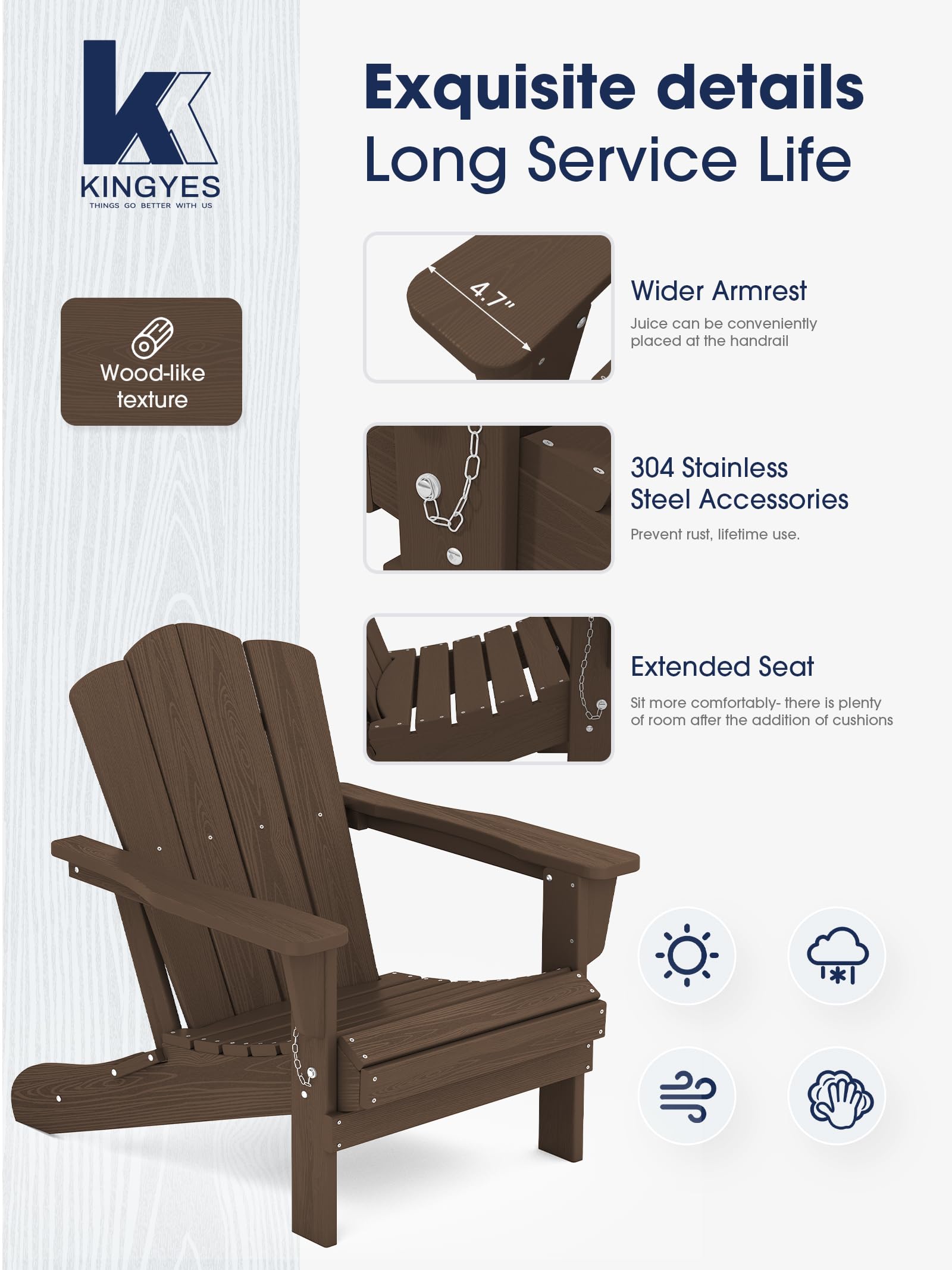 Kingyes Folding Adirondack Chair Set Of 4, Hdpe All-Weather Folding Adirondack Chair, Coffee