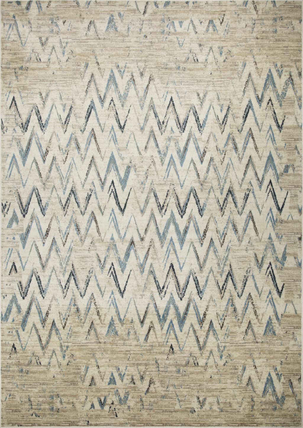 HomeRoots Ivory Heat-Set Polypropelene 3’ x 5’ Beige Blue Distressed Chevron Area Rug