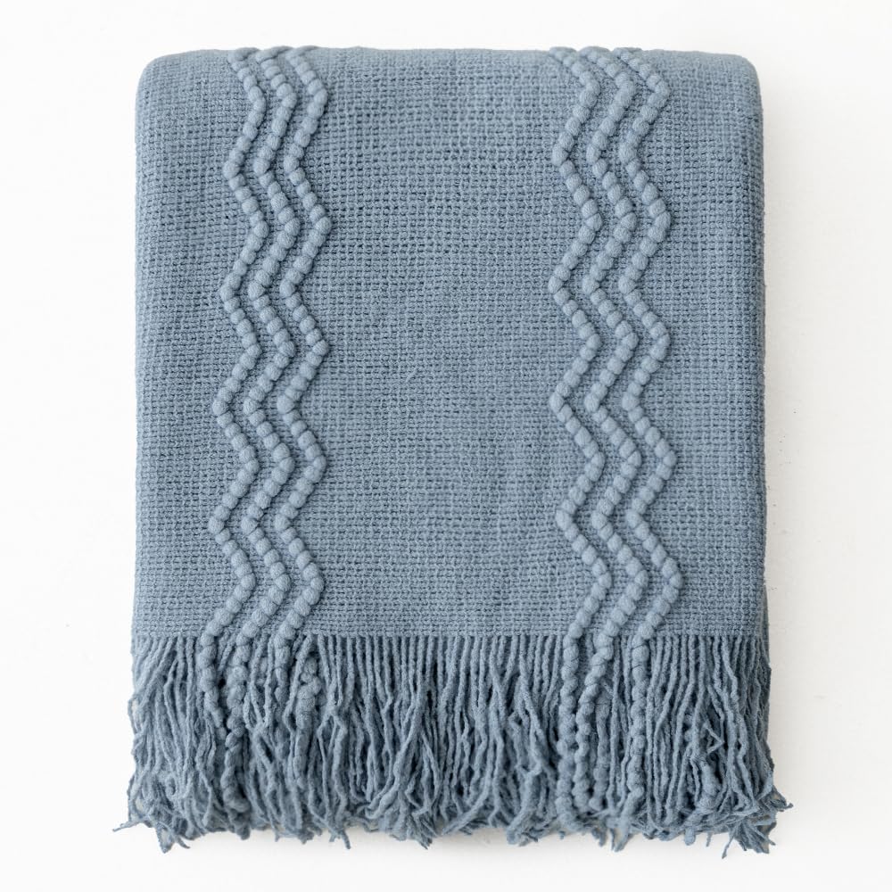 Miulee Dusty Blue Knitted Throw Blanket For Couch Textured Knit Blanket With Tassels Cozy Woven Boho Bed Blanket For Sofa Bed Chair Acrylic Wave Pattern 50'X60'