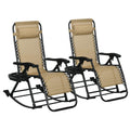 Outsunny 2 Pieces Outdoor Rocking Chairs, Foldable Reclining Zero Gravity Lounge Rocker With Pillow, Cup & Phone Holder, Combo Design With Folding Legs, Beige