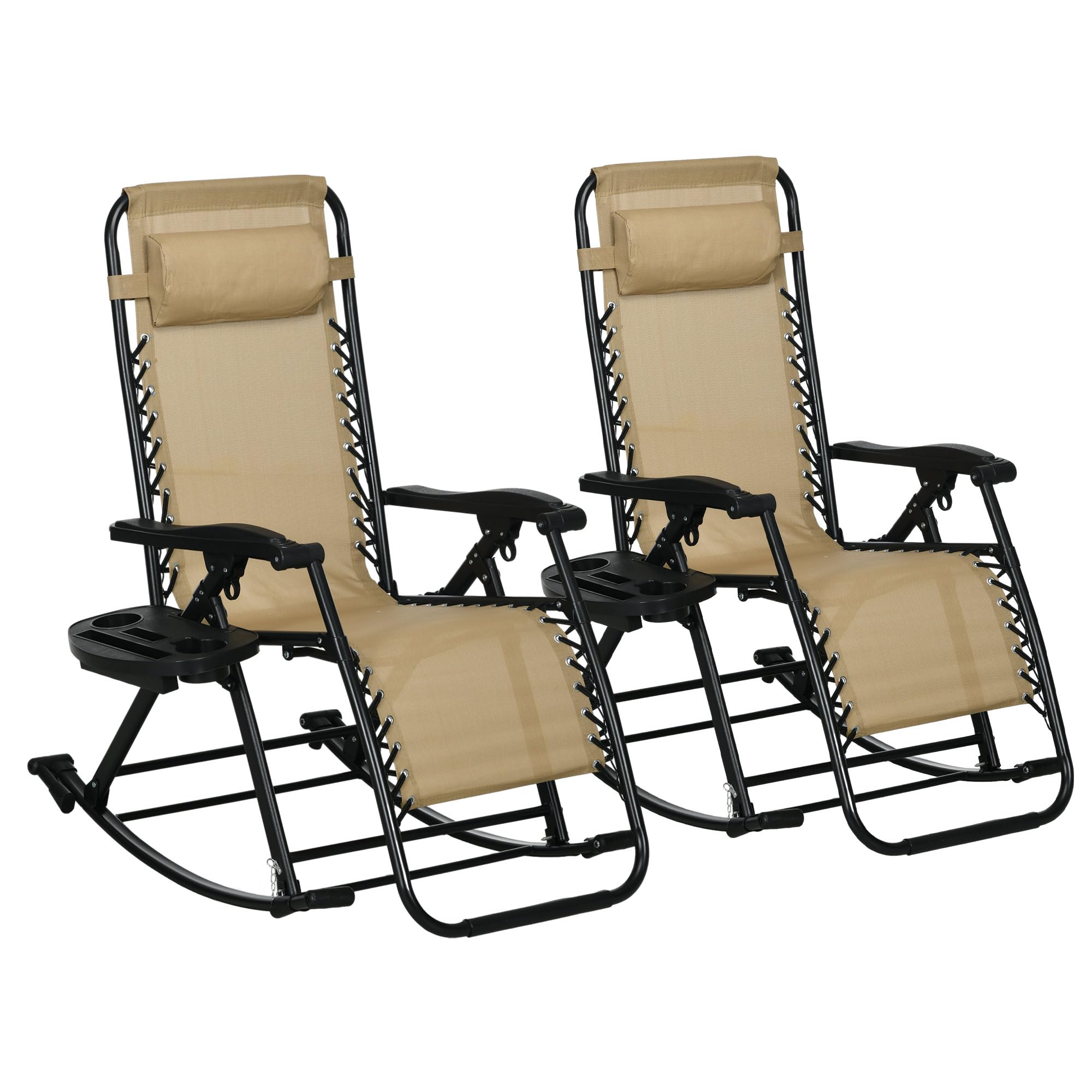 Outsunny 2 Pieces Outdoor Rocking Chairs, Foldable Reclining Zero Gravity Lounge Rocker With Pillow, Cup & Phone Holder, Combo Design With Folding Legs, Beige