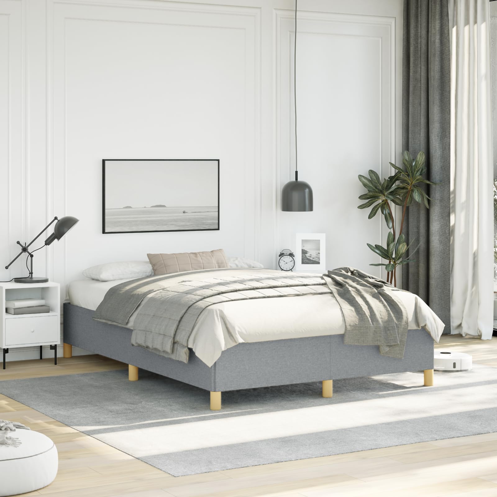 vidaXL Full Size Bed Frame with Plywood Slats, Platform Bed Frame, Fabric Upholstered Mattress Foundation, No Box Spring Needed & Easy Assembly, Light Gray, Without Mattress