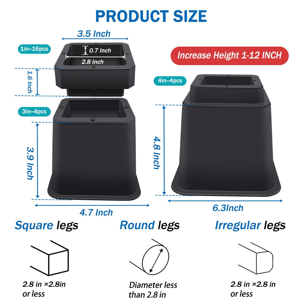 Annkut Bed Risers 12 Inch Heavy Duty,Elevation In Heights 1,2,3,4,5,6,7,8,9,10,11,12 Inch,Adjustable Furniture Risers For Chair