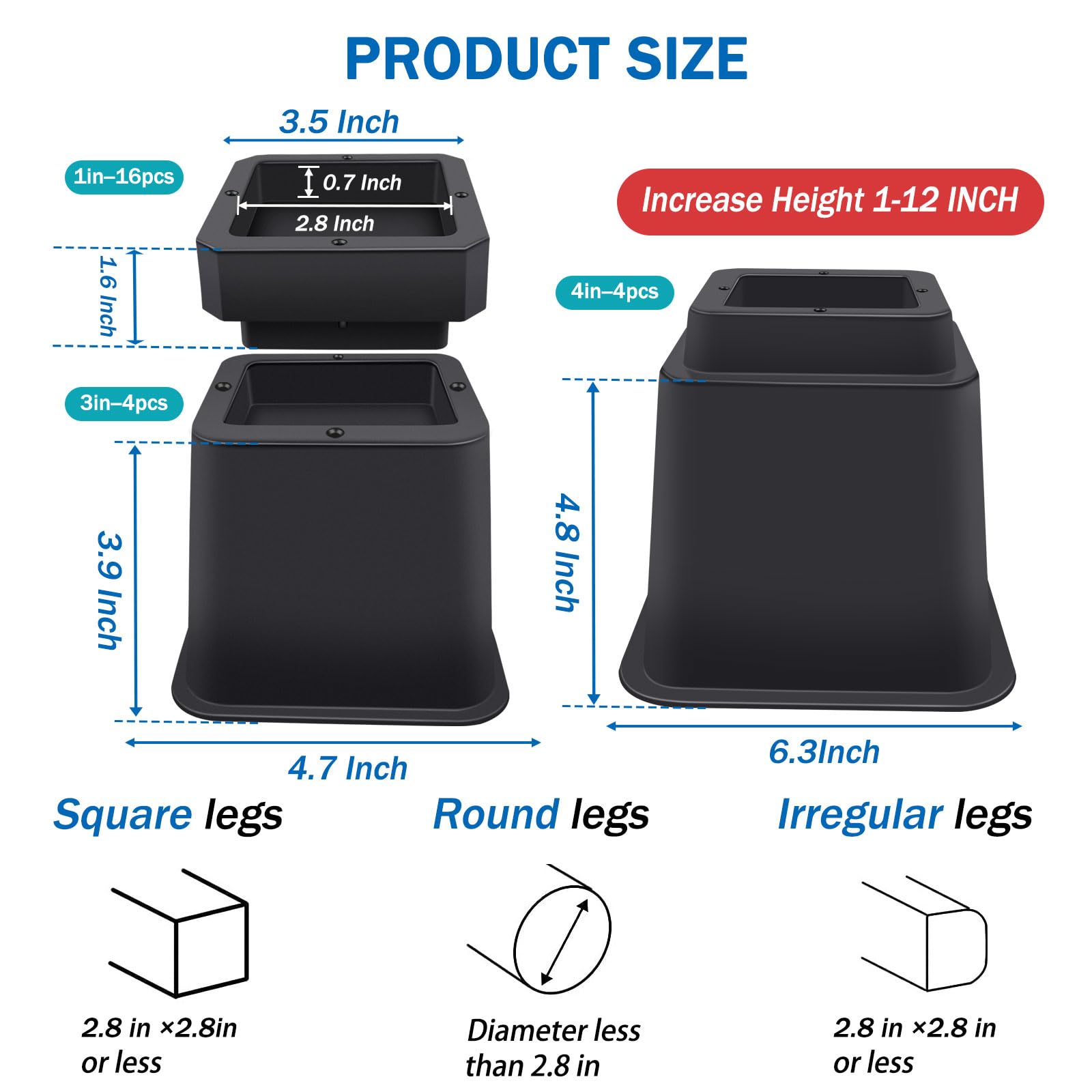 Annkut Bed Risers 12 Inch Heavy Duty,Elevation In Heights 1,2,3,4,5,6,7,8,9,10,11,12 Inch,Adjustable Furniture Risers For Chair