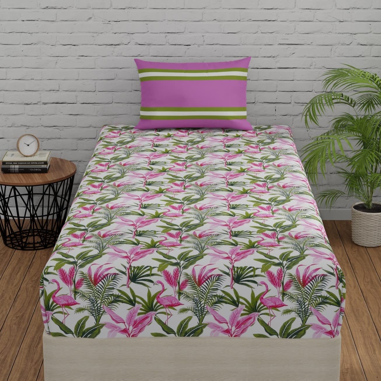 Huesland By Ahmedabad Cotton 144 Tc Single Bed Sheet Pure Cotton With 1 Pillow Cover | Stripes & Flamingos Orange & Green