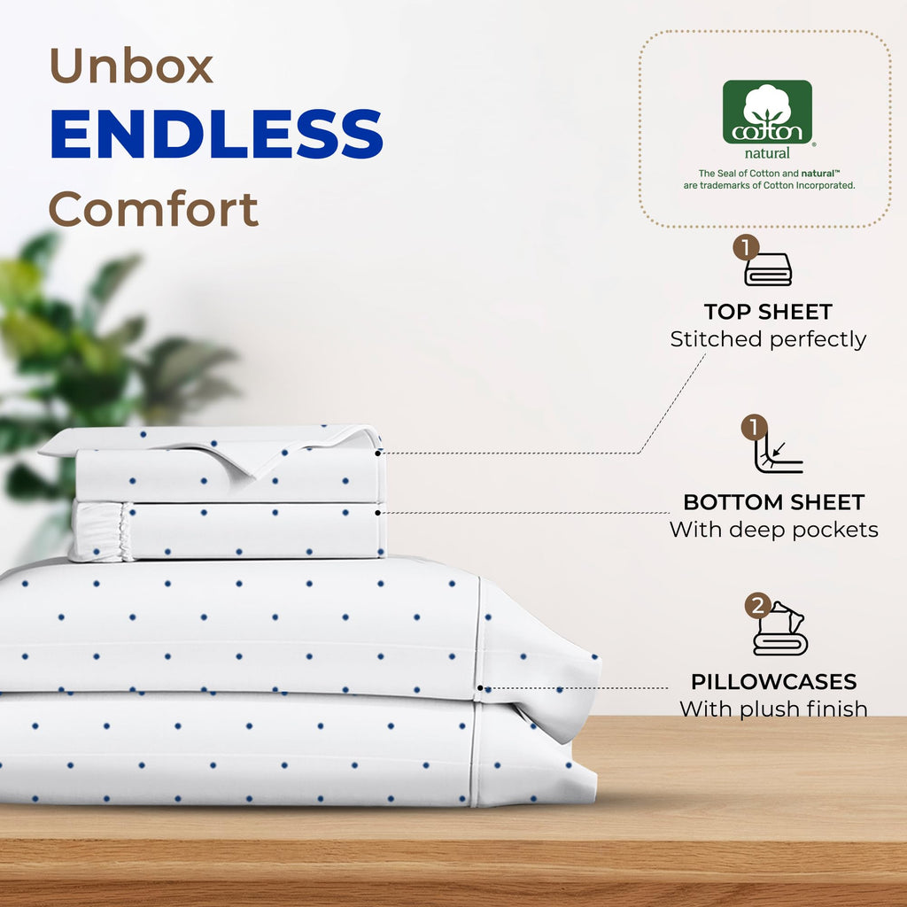 Thread Spread 100% Egyptian Cotton Printed Bed Sheets - 600 Thread Count 4 Pc Full Sheet Set, Hotel Luxury Sateen Bedsheets, 16' Deep Pocket Soft Cooling Sheets For Full Size Bed - Polka Dot - Navy