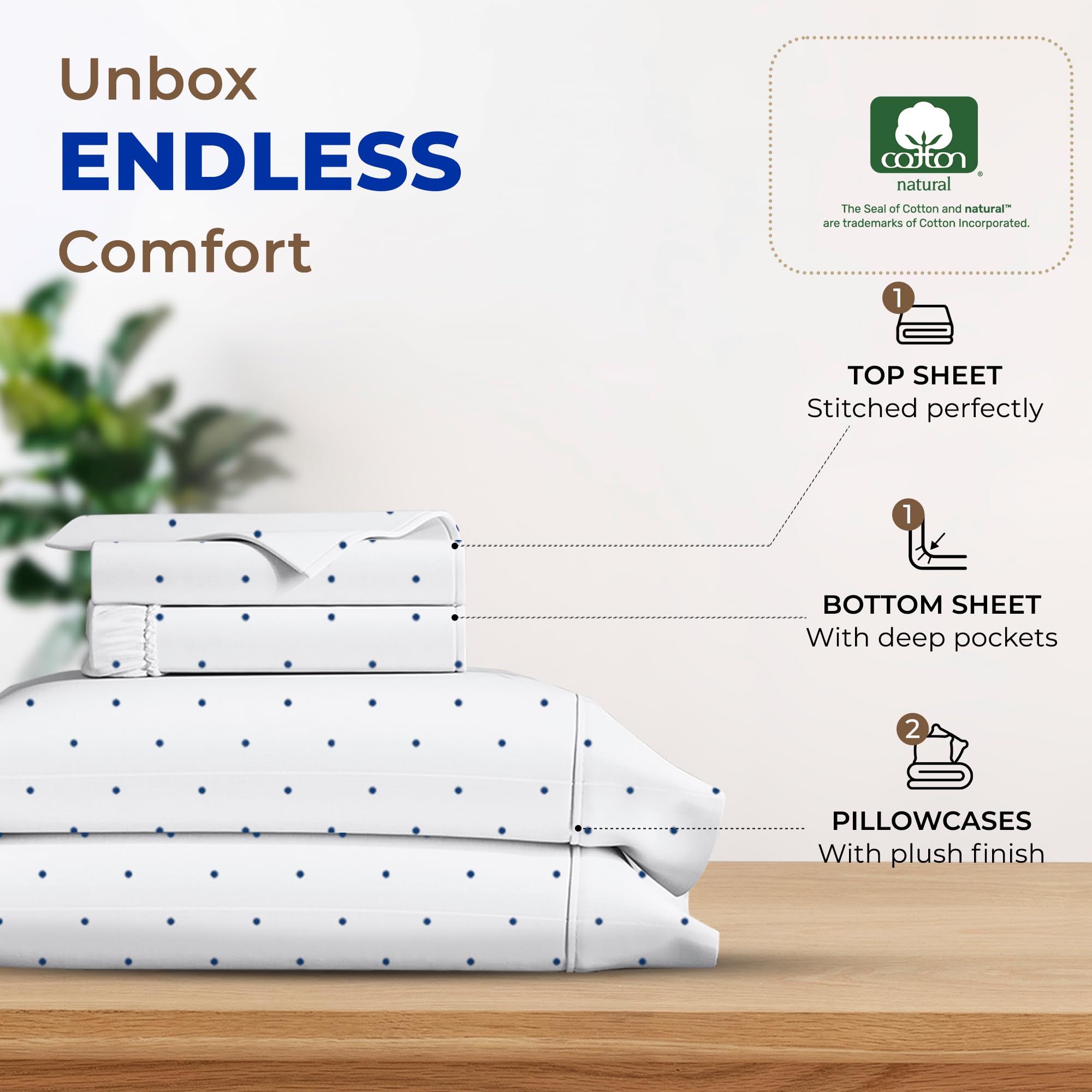 Thread Spread 100% Egyptian Cotton Printed Bed Sheets - 600 Thread Count 4 Pc Full Sheet Set, Hotel Luxury Sateen Bedsheets, 16' Deep Pocket Soft Cooling Sheets For Full Size Bed - Polka Dot - Navy