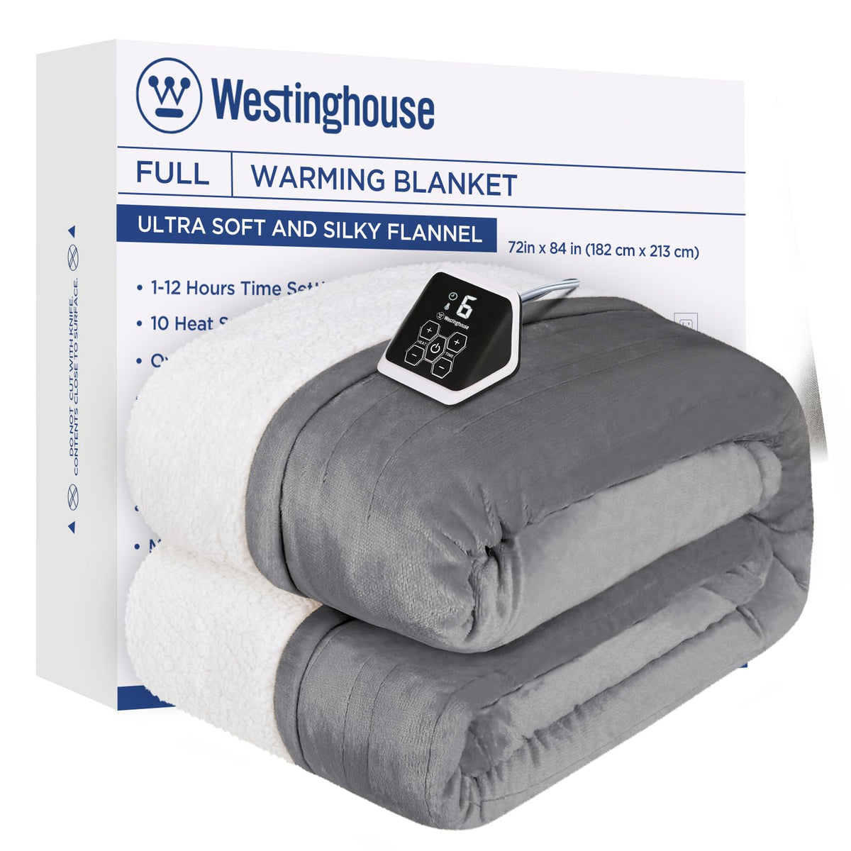 Westinghouse Heated Blanket Full Size, Soft Flannel To Sherpa Electric Blanket With 10 Heating Levels, 12 Hours Auto Off, Fast H
