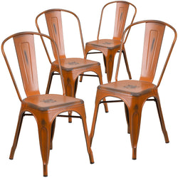 Flash Furniture Blake Commercial Grade 4 Pack Distressed Orange Metal Indoor-Outdoor Stackable Chair
