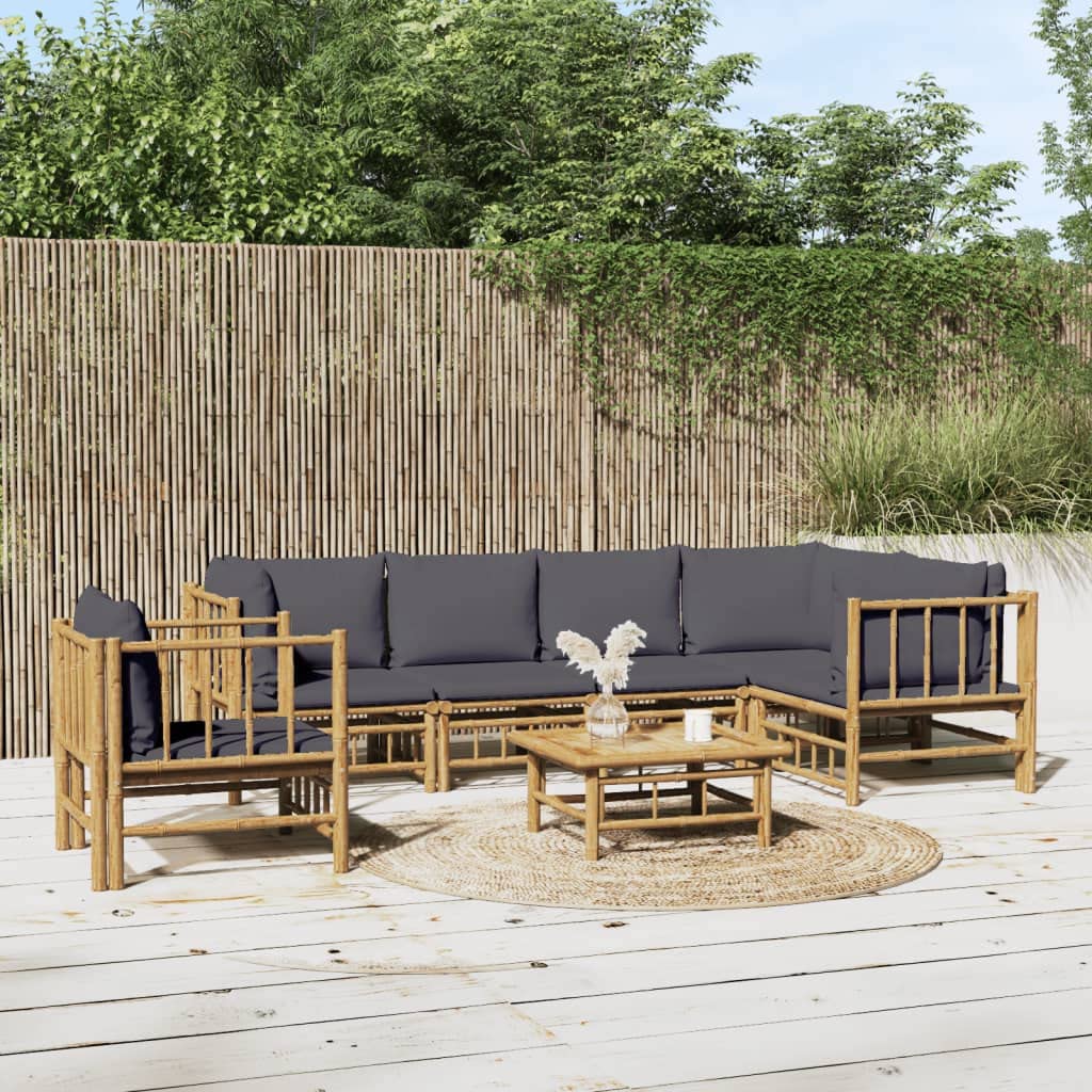 vidaXL Patio Furniture Set - 7 Piece Sectional Sofa with Dark Gray Cushions - Bamboo Garden Lounge Set - Outdoor Living Room Furniture for Deck, Patio, and Garden