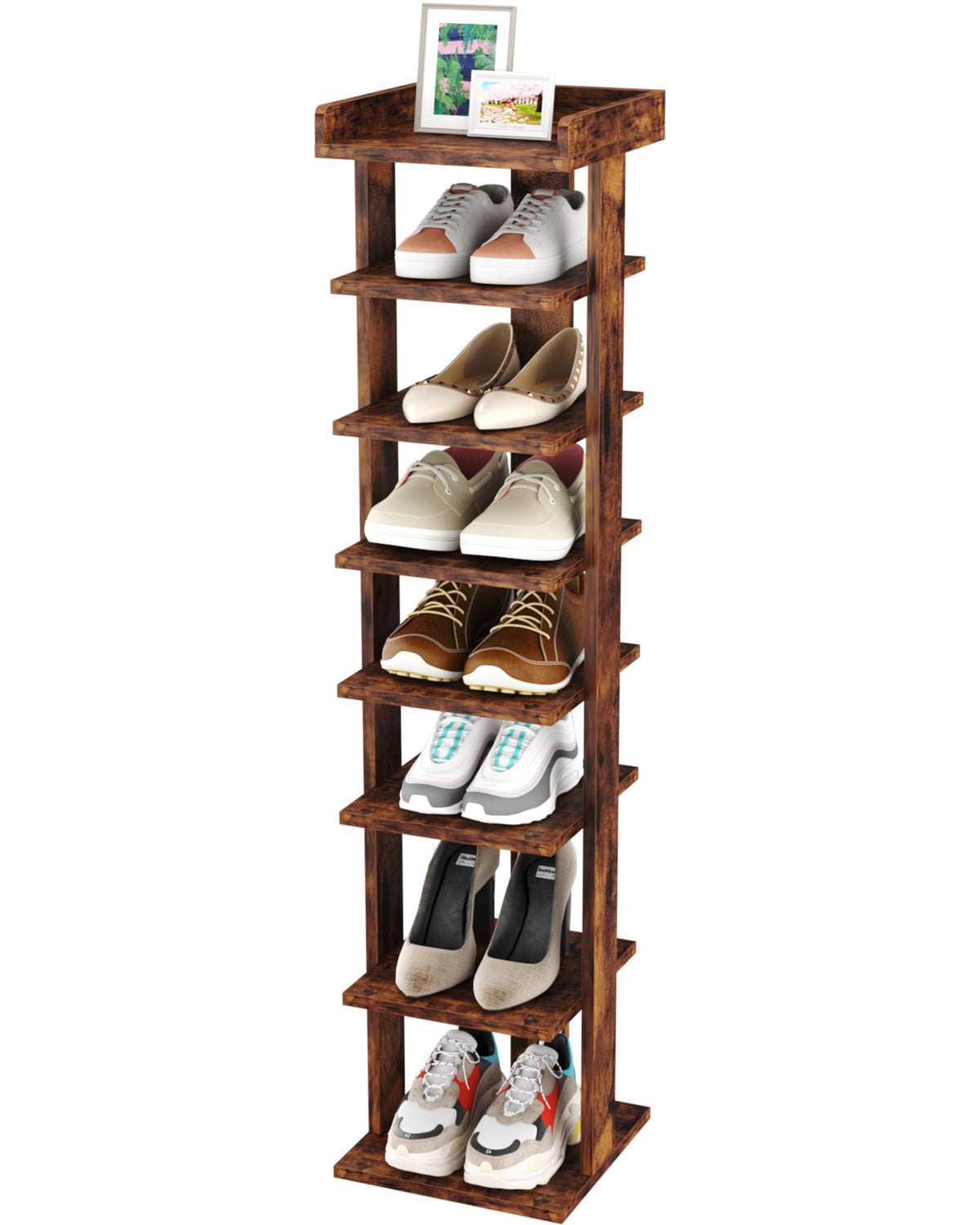 HOMEFORT 7-Tier Wood Shoe Rack, Entryway Shoe Tower,Vertical Shoe Organizer, Wooden Shoe Storage Stand, Rustic Brown