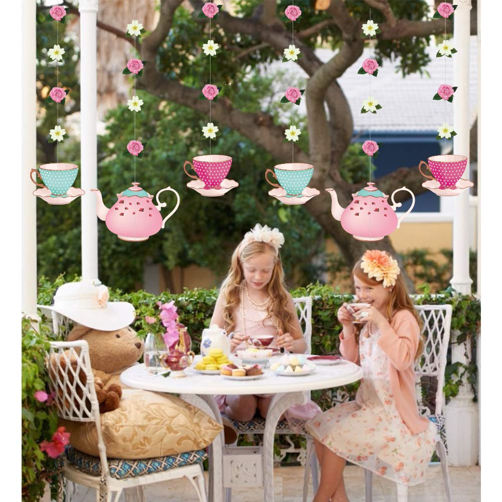 Tea Party Decoration Banner And Hanging Decorations Set Alice In Wonderland Party Garland Decor Teapot Teacup Flower Hanging Gar