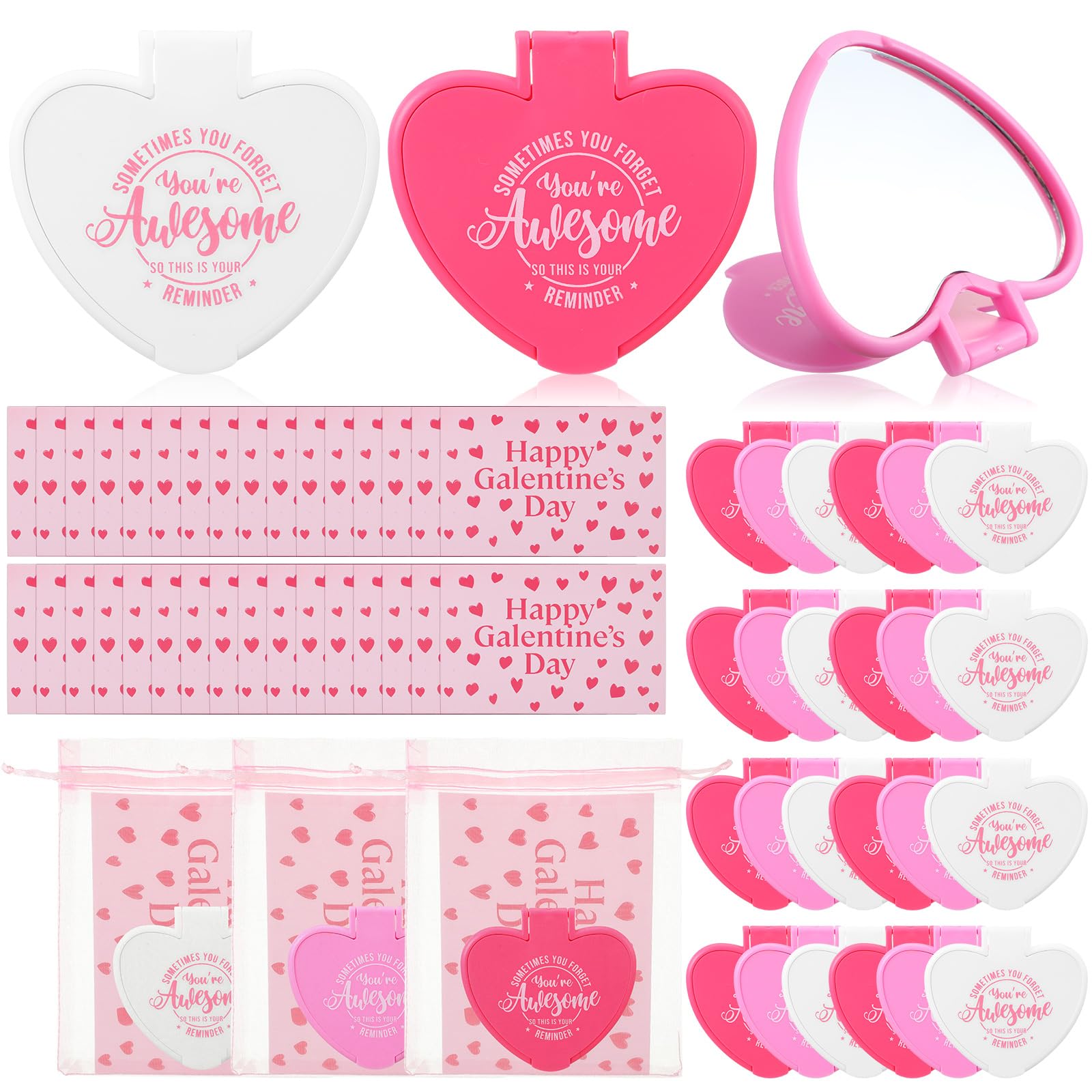 Thyle 36 Set Galentines Gift Heart Mirror Compact Bulk with Valentine Cards and Organza Bags Heart Shaped Mini Pocket Small Fold