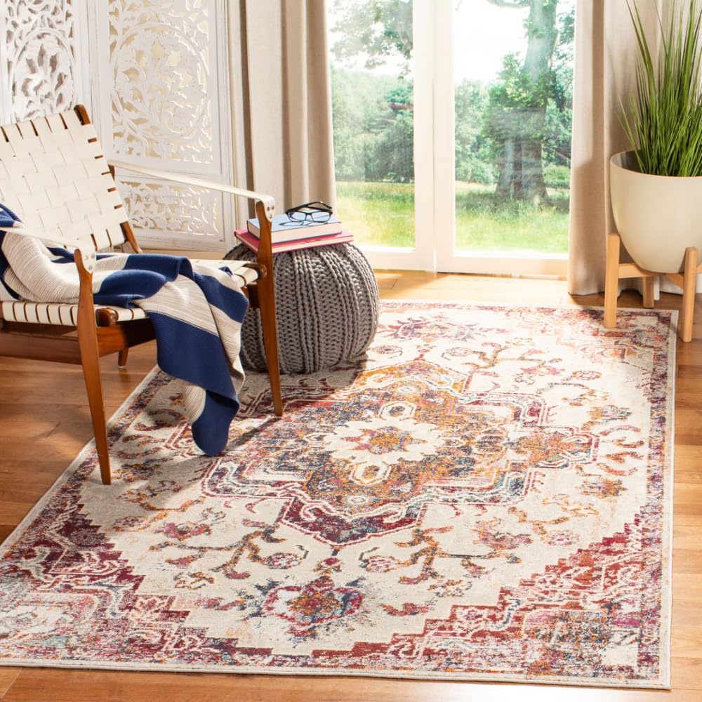 SAFAVIEH Crystal Collection Accent Rug - 4 x 6, Light Blue & Burgundy, Medallion Design, Non-Shedding & Easy Care, Ideal for H