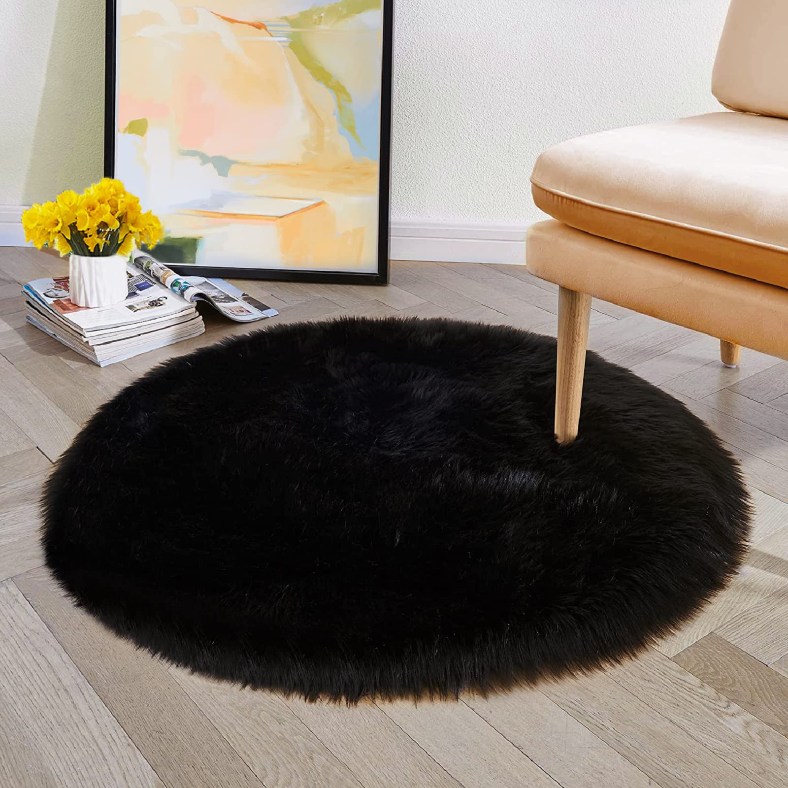 Orinova Black Fuzzy Living Room Washable Area Rugs For Bedroom Shag Circle Faux Sheepskin Furry Fur Round Rug 5Ft Nursery Rug