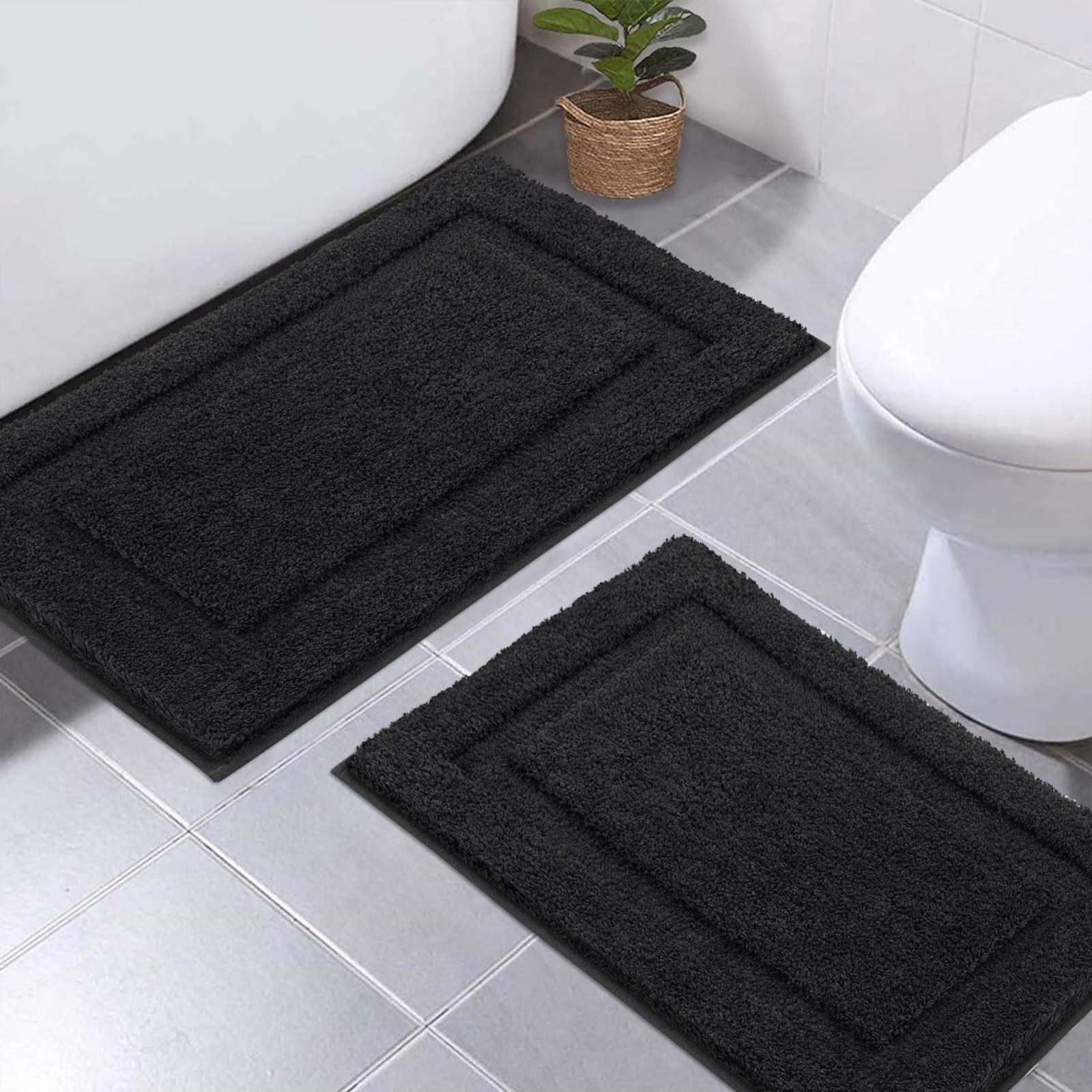 SHACOS Super Soft Black Bathroom Rugs Set of 2 Pieces 32x20 + 24x16 inch Small Non Slip Washable Microfiber Bath Mats Bathroom C