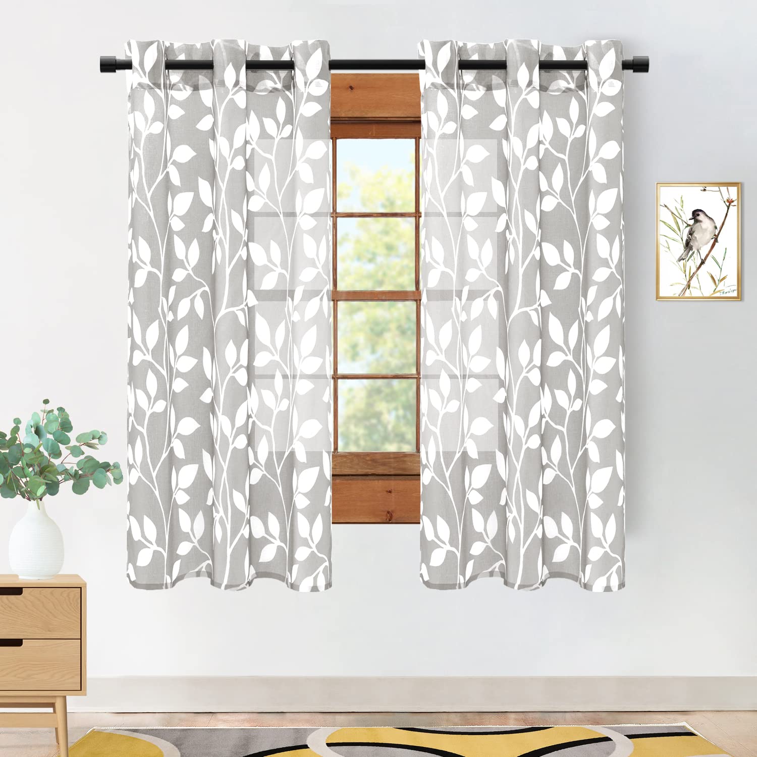 XTMYI 72 Inch Curtains 2 Panels Sets for Living Room,Light Gray Pattern Sheer Curtain for Bedroom,Grey and White