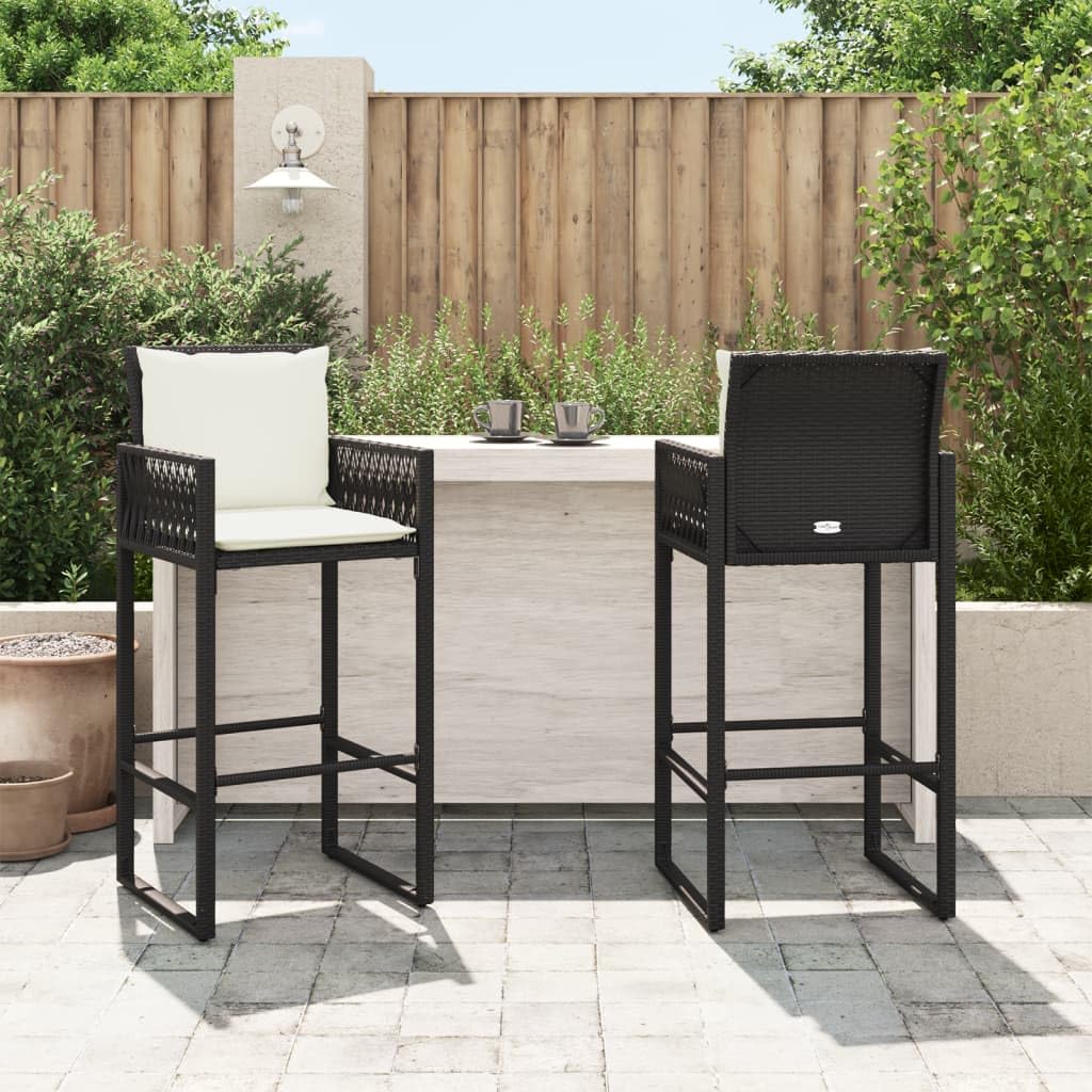 vidaXL Patio Bar Stools with Cushions - Black Poly Rattan - Outdoor Furniture - Set of 2 - Includes Armrests & Backrest - Removable & Washable Covers - Steel Frame - for Garden/Patio/Deck