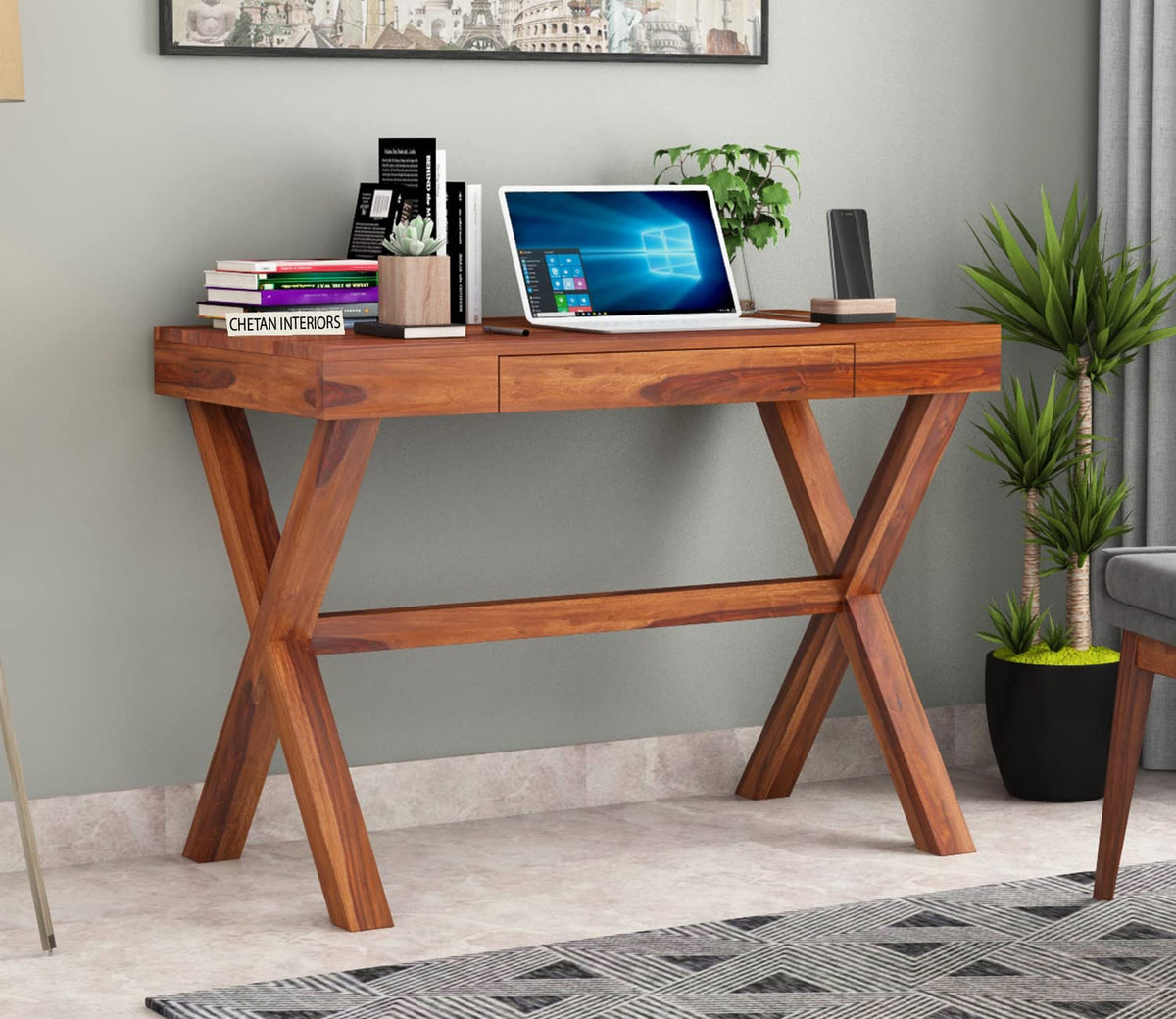 Chetan Interiors Sheesham Wood Writing Study Desk Computer Table For Home And Office With 1 Drawer (Solid Sheesham Wood, Teak Fi