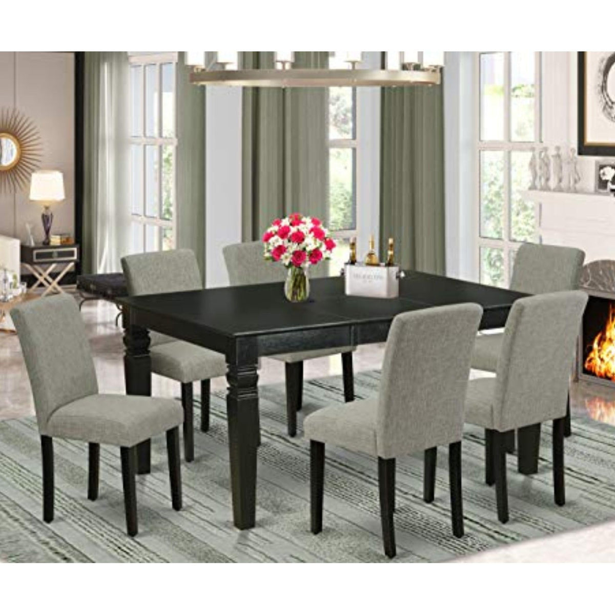 East West Furniture Weab7-Blk-06 7 Piece Dining Set Consist Of A Rectangle Dining Room Table With Butterfly Leaf And 6 Shitake Linen Fabric Upholstered Chairs, 42X60 Inch, Black