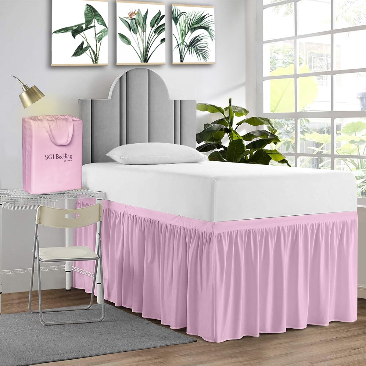 Sgi Bedding Dorm Bed Skirt Full Xl 30 Inch Drop Length - Pink, Ruffled Pattern College Dorm Room Bed Skirts - Split Corner, Easy