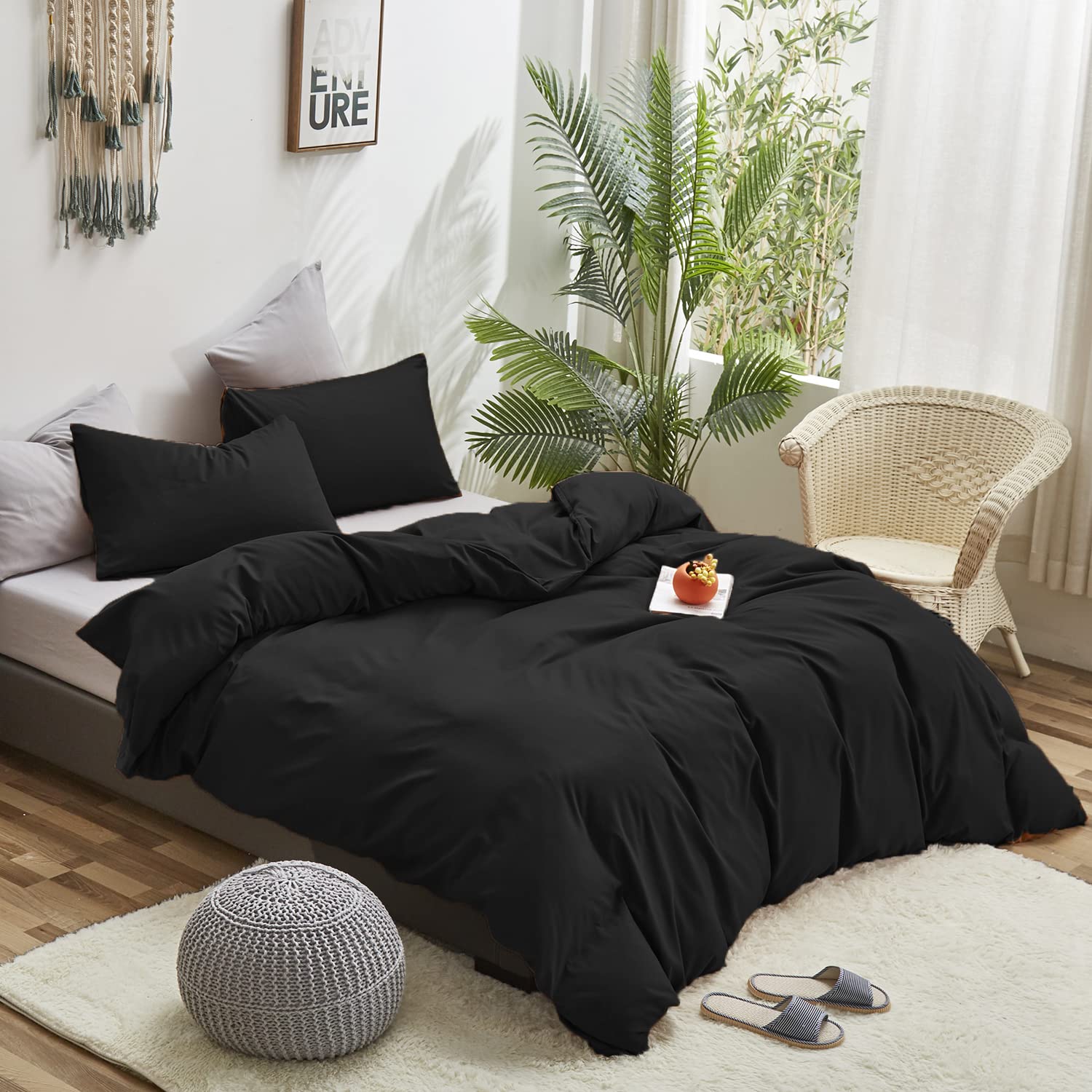 Luxlovery Black California King Comforters Set Women Men Solid Black Bedding Comforter Set Cal King Soft Breathable Lightweight