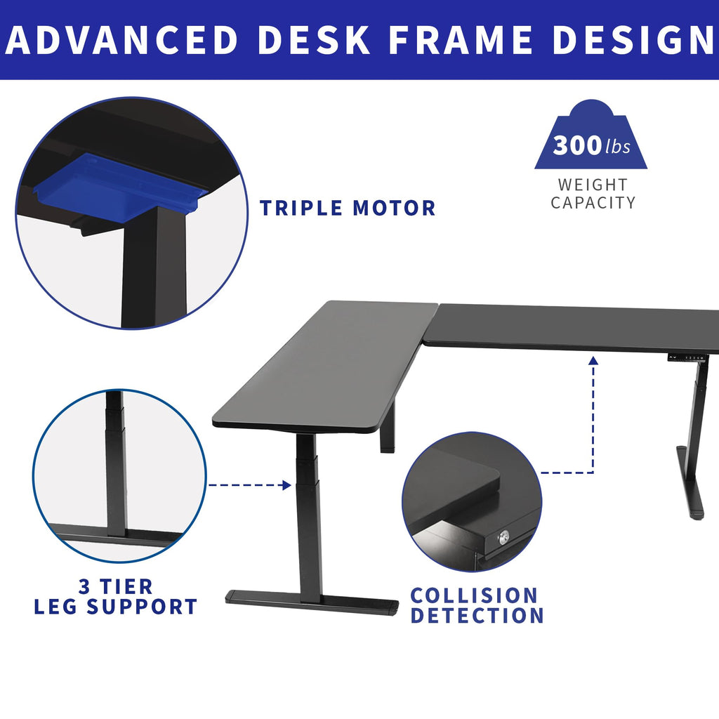 Vivo Electric Height Adjustable 83 X 60 Inch Corner Stand Up Desk, 2 Black Solid Table Tops, Black Frame, Memory Controller, L-Shaped Workstation, 3E Series, Desk-Kit-3E8B