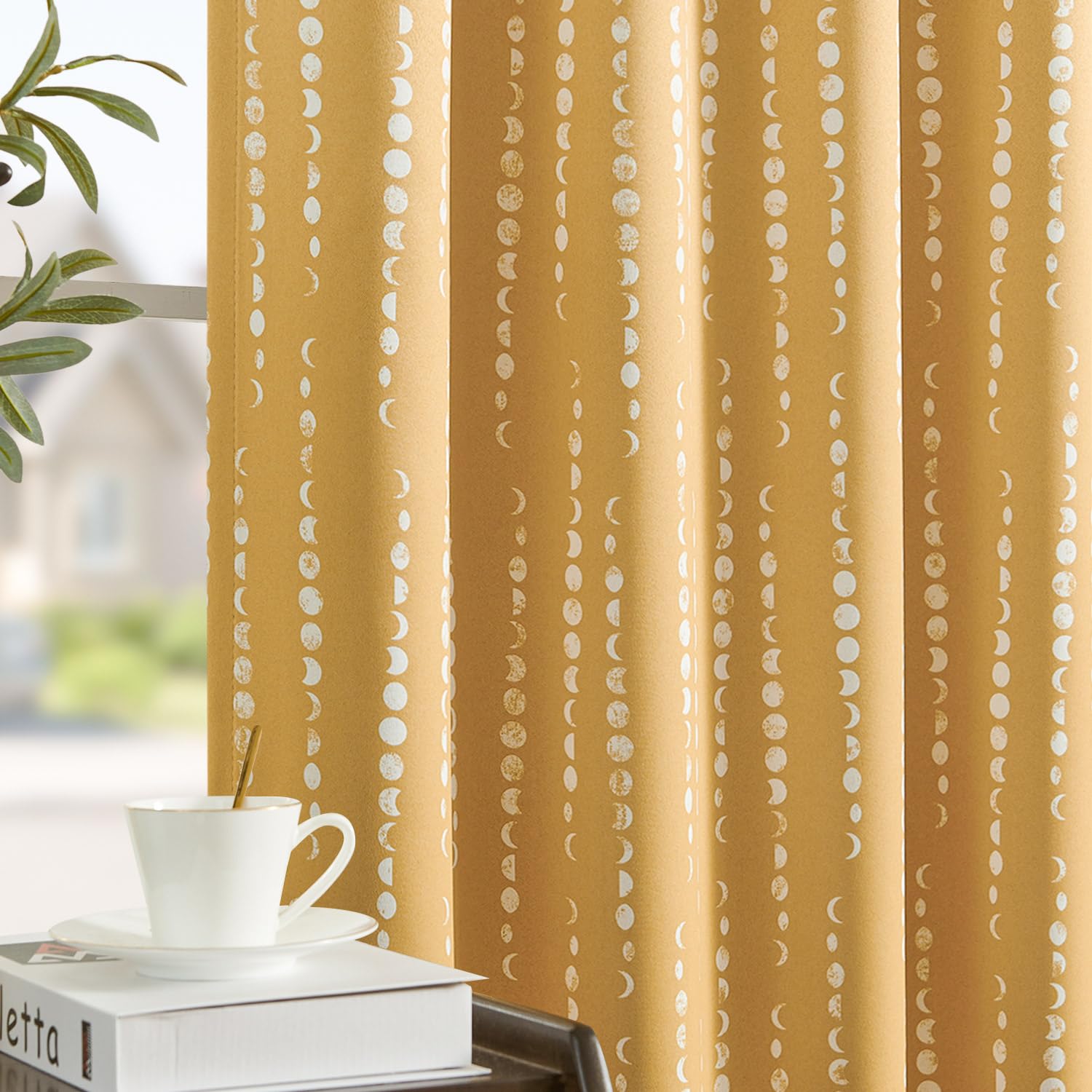 Jinchan 100% Blackout Boho Curtains Moon Phases Printed Bedroom Curtains 96 Inches Long Mustard Drapes Rod Pocket Thermal Insulated Curtains For Nursery Yellow Window Drapes Curtain Set 2 Panels