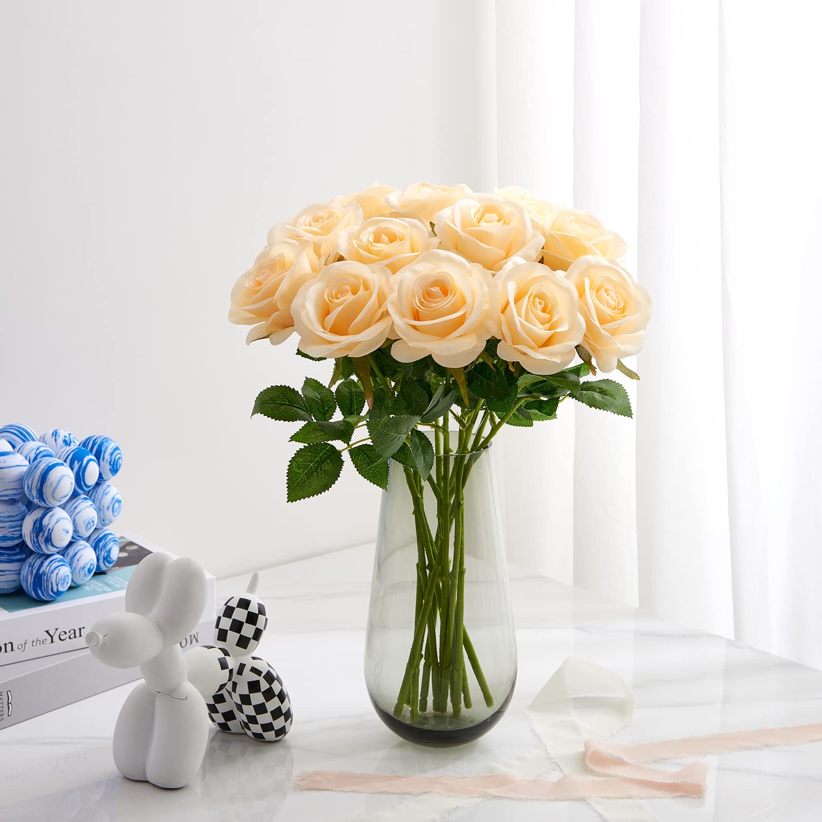 Helera 12Pcs Champagne Roses Artificial Silk Flowers Faux Flowers With Long Stems For Wedding Decor Home Decor Baby Shower Party