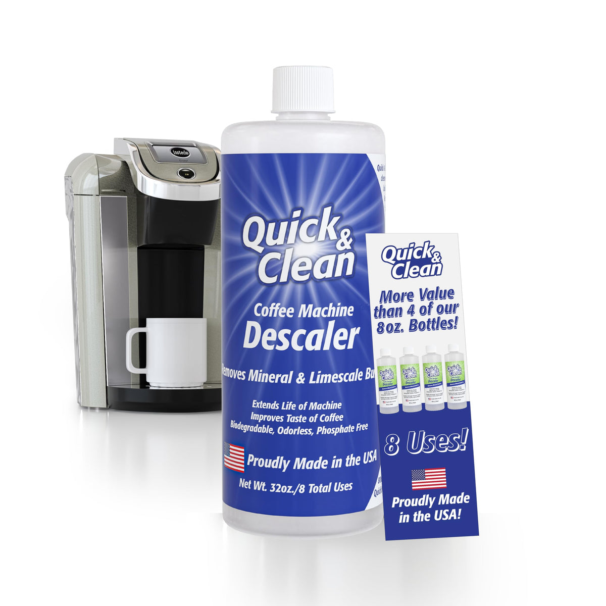 Quick & Clean 32oz. Descaler (8 Total Uses) - Made in the USA - Descaling Solution for Nespresso, Ninja, Delonghi, All Other Cof