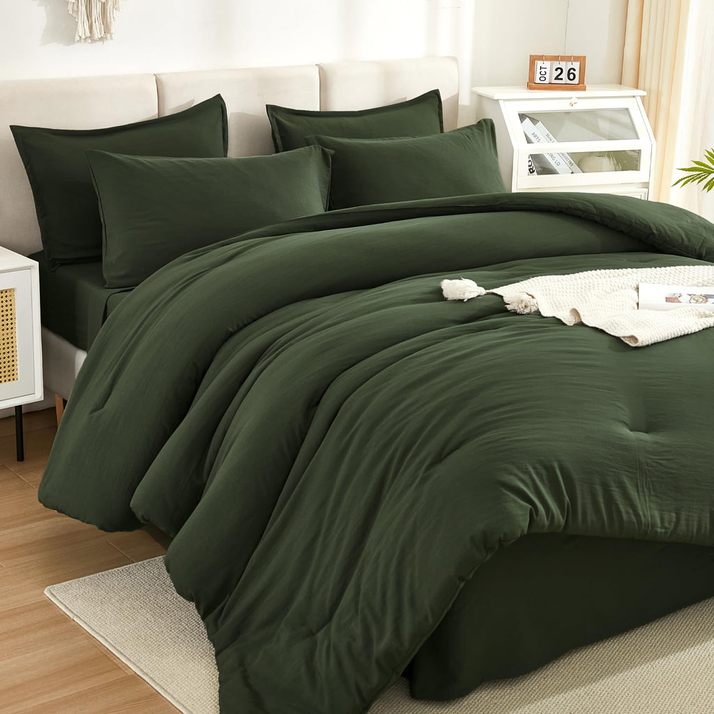 Litanika Comforter Full Size Set Olive Green - 7 Pieces Bed In A Bag Full Beddding Comforter Sets, Plain Lightweight Bed Set Wit