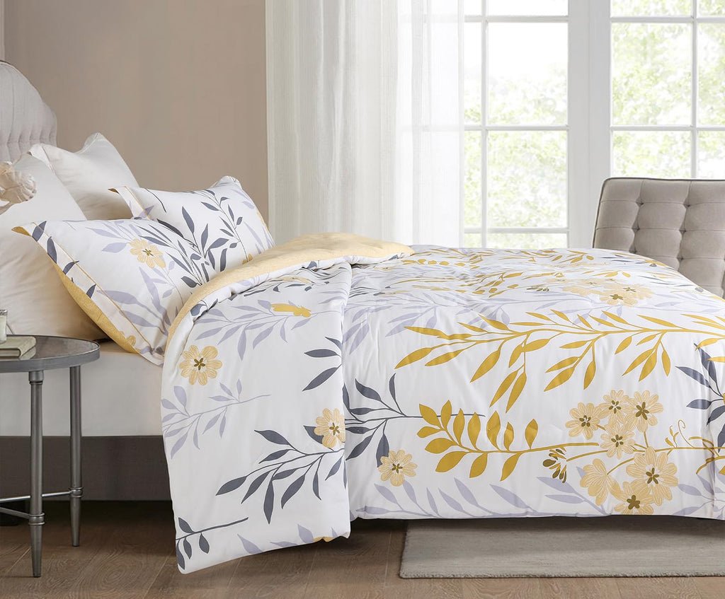 Sleepbella Comforter Twin Size, 600 Thread Count Cotton Grey Branch With Yellow Flower & Grey Leaves Pattern Orange Reversible C