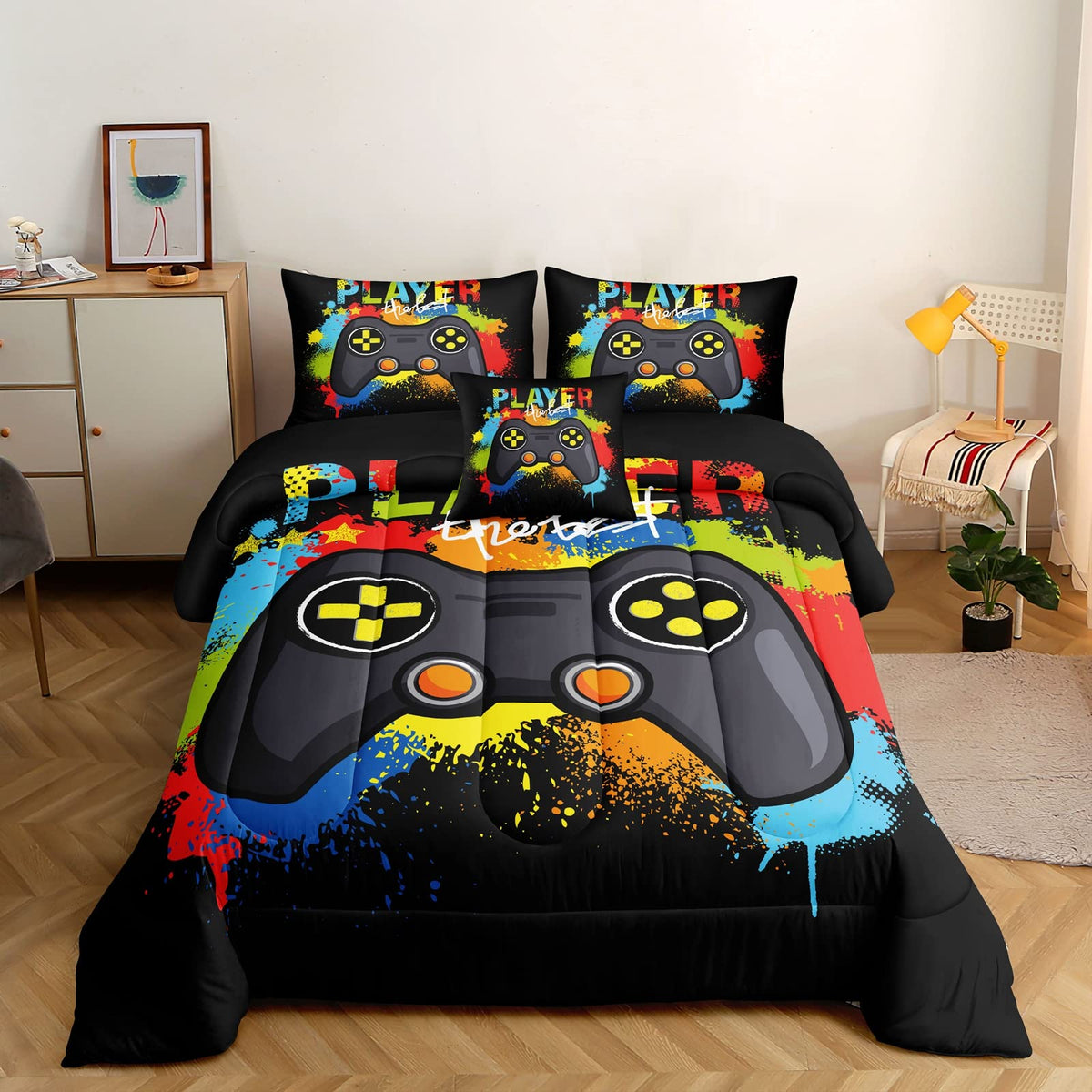 Rowadalo 6 Pieces Gaming Bedding Set For Boys Gamer Comforter Set Queen Size,Game Controller Comforter For Boys Kids 6 Pieces Be