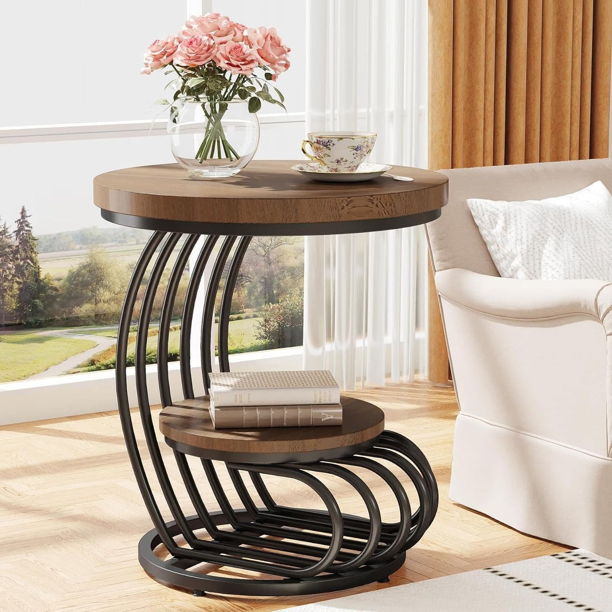 Oakline Woods Round Coffee Table, 2Tier Metal Side Table With Open Storage Shelf For Living Room, Marble Look Indoor & Outdoor