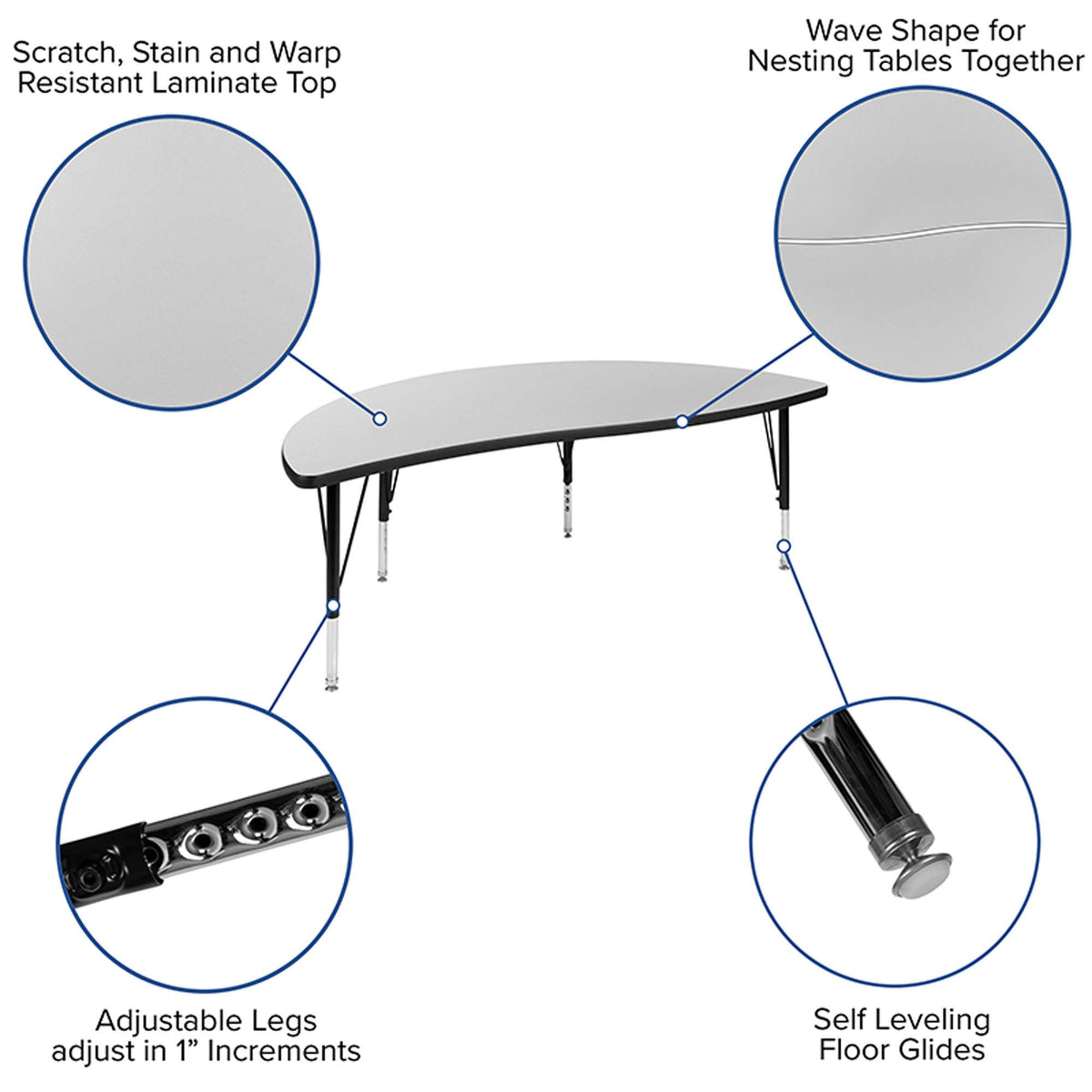 Flash Furniture Emmy 2 Piece 86" Oval Wave Flexible Grey Thermal Laminate Activity Table Set - Height Adjustable Short Legs