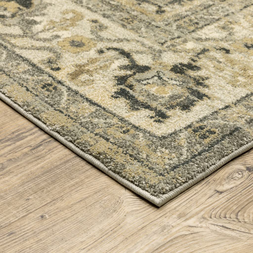 HomeRoots Polypropylene 2’ x 8’ Beige and Gray Traditional Medallion Indoor Runner Rug