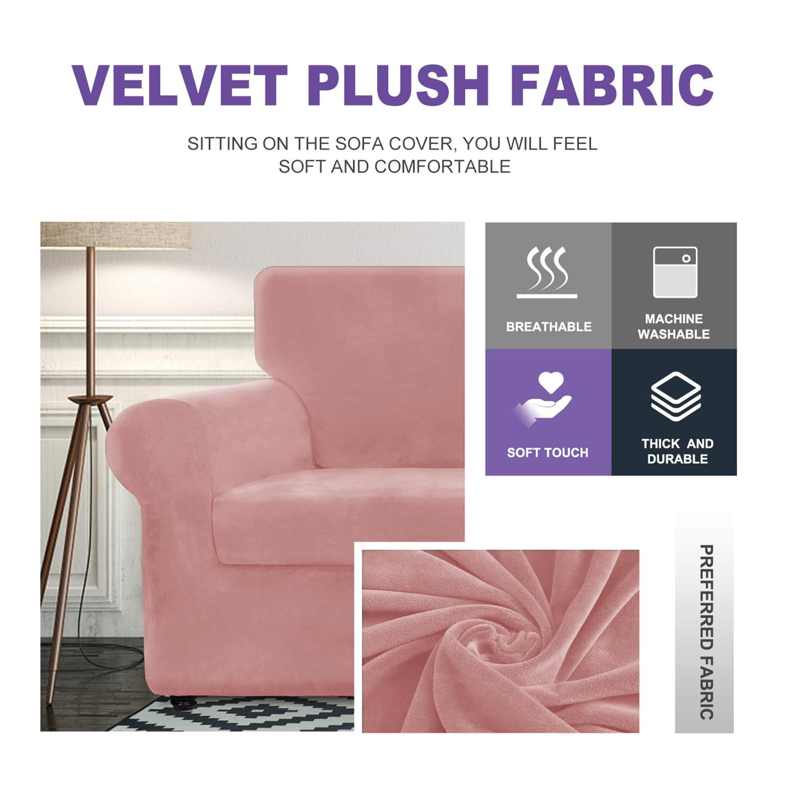 Znsayotx Luxury Velvet Sofa Cover 3 Piece (57'-70') Stretch Loveseat Covers For 2 Cushion Couch Thick Soft Couch Slipcover With Non Slip Strap, Dog Pet Friendly Nice Furniture Protector (Rose)