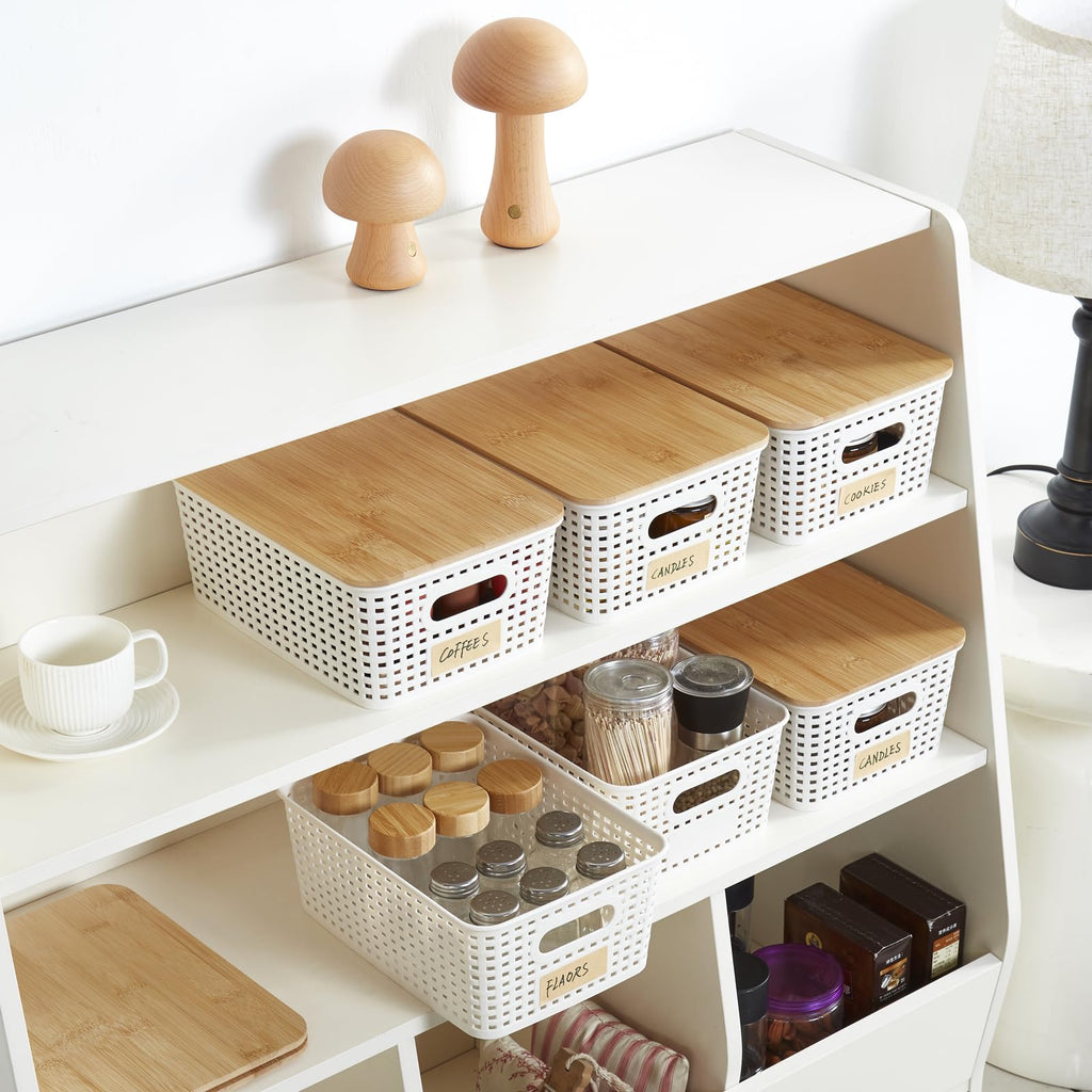 Bagnizer Small Plastic Storage Bins With Bamboo Lids 5.2Qt Stackable Box Basket Pantry Decorative Containers Cute With Lable For