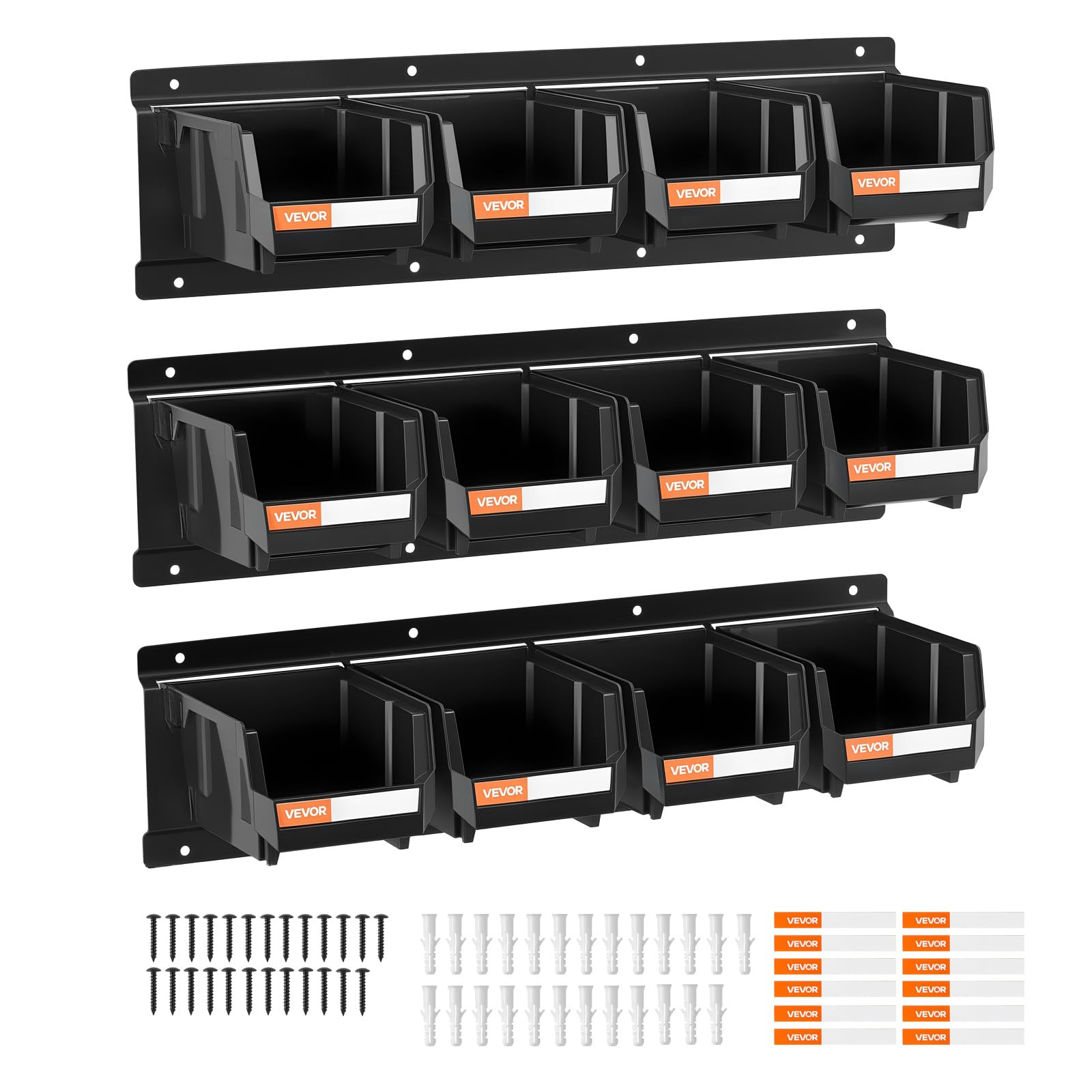 VEVOR Wall Mounted Storage Bins, 12 Plastic Bins & 3 Metal Rails, Plastic Hanging Stackable Storage Bin for Screws, Nuts, Bolts,