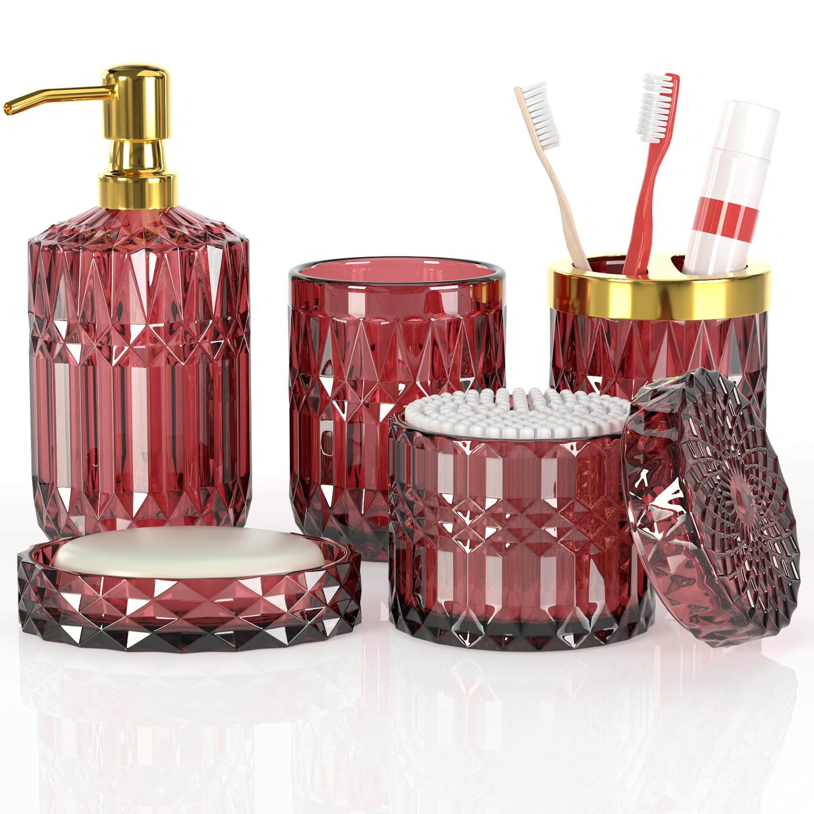 5Pcs Bathroom Accessories Set, Glass Soap Dispenser Set with Rust Proof Stainless Steel Pump, Soap Holder, Toothbrush Holder, Tu