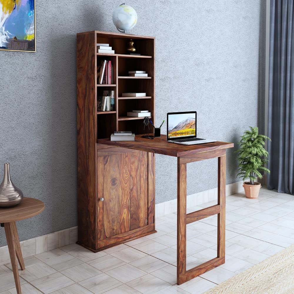 Corte Clasico Solid Sheesham Wood Wall Mounted Foldable Writing Study Table For Adults & Students With Storage For Home & Offic